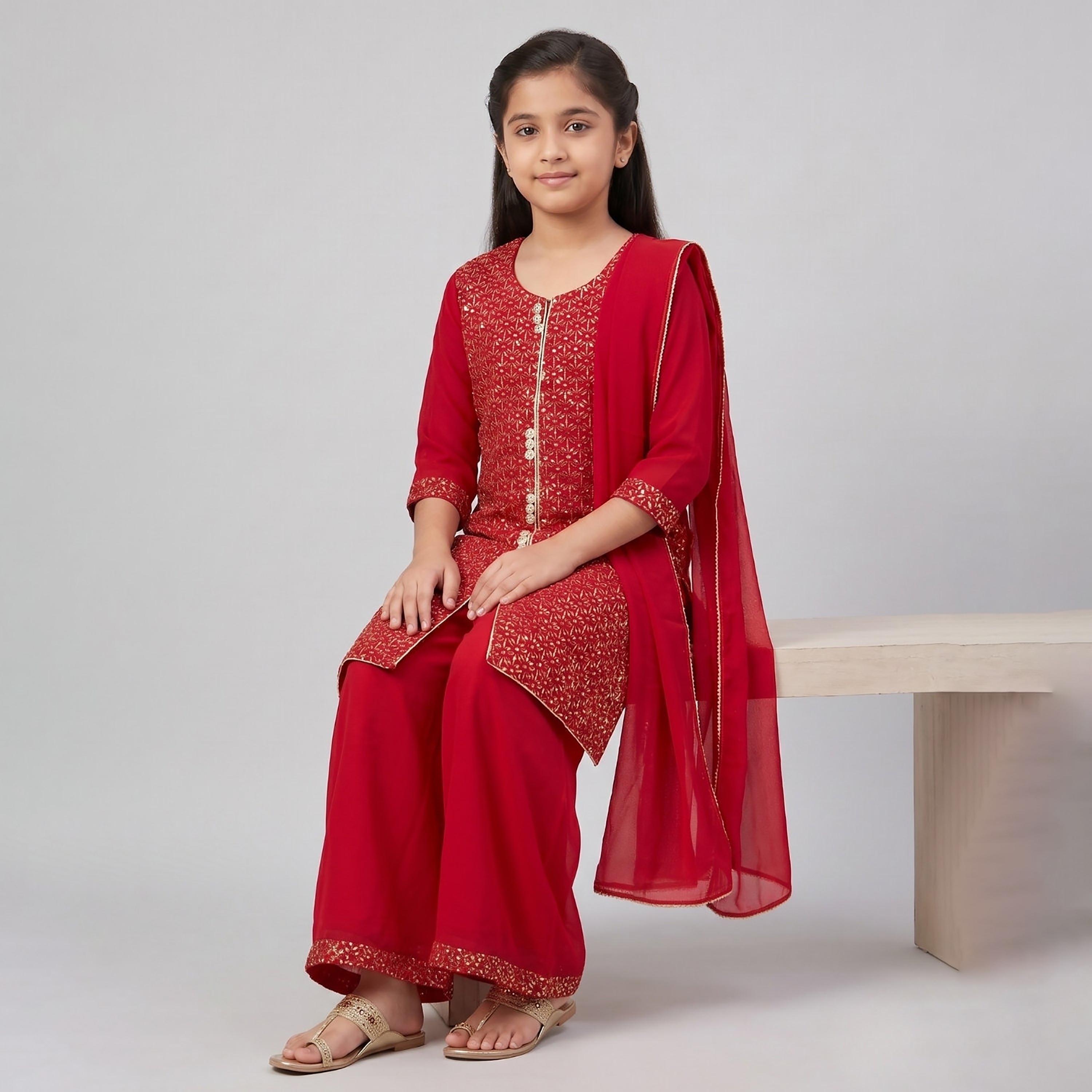 طقم تراثي بأكمام ثلاثة أرباع كورتة وشارارا مزين مع دوباتا من بيبيكلو-girls-clothing-setsandcoords-image-4