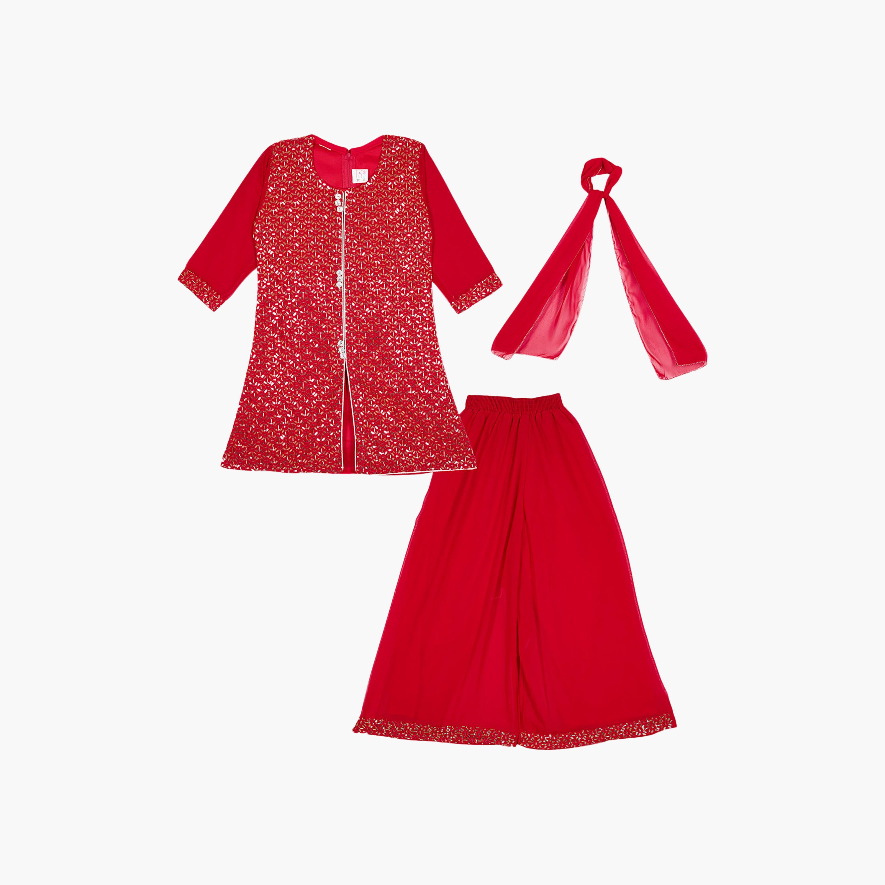 طقم تراثي بأكمام ثلاثة أرباع كورتة وشارارا مزين مع دوباتا من بيبيكلو-girls-clothing-setsandcoords-image-5