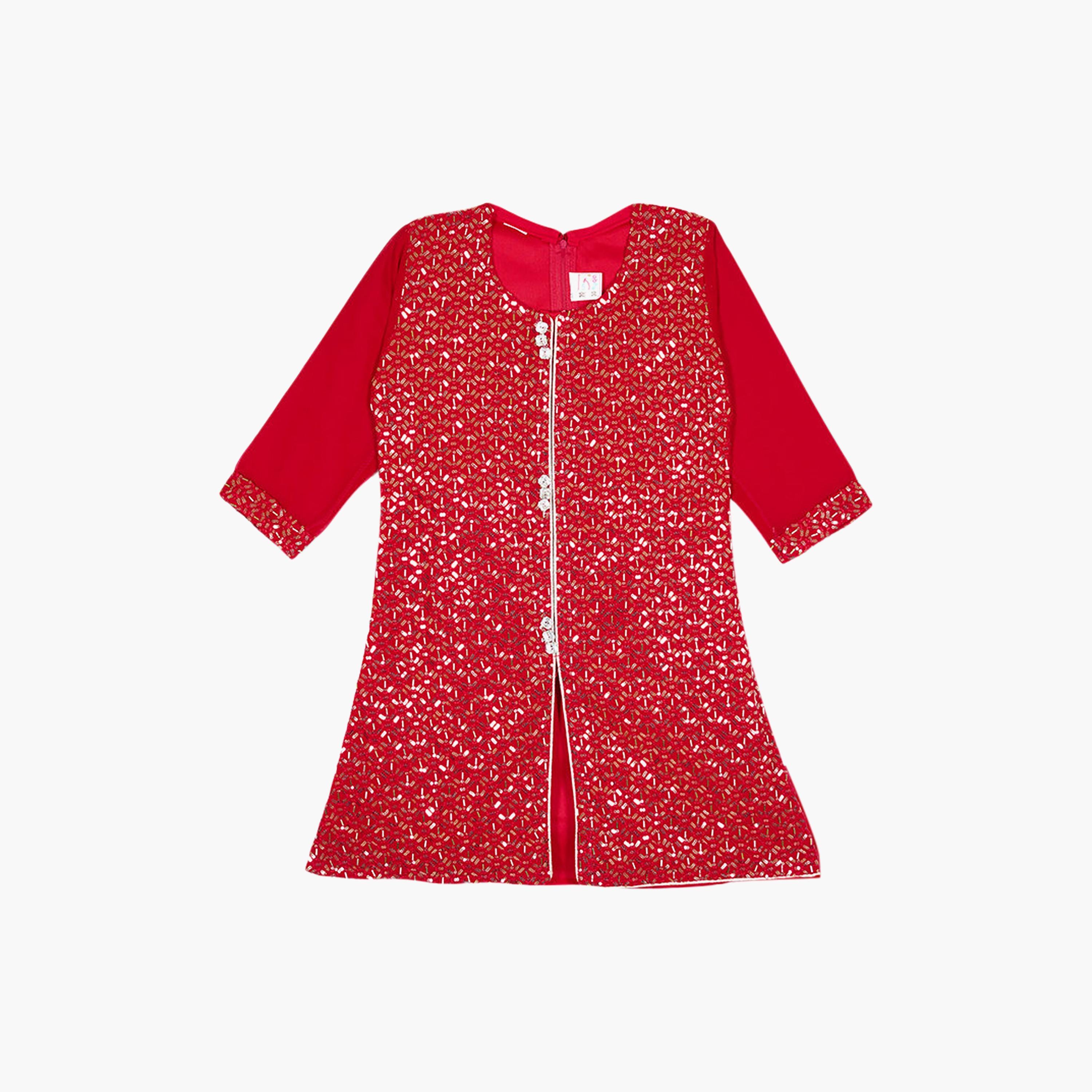طقم تراثي بأكمام ثلاثة أرباع كورتة وشارارا مزين مع دوباتا من بيبيكلو-girls-clothing-setsandcoords-image-6