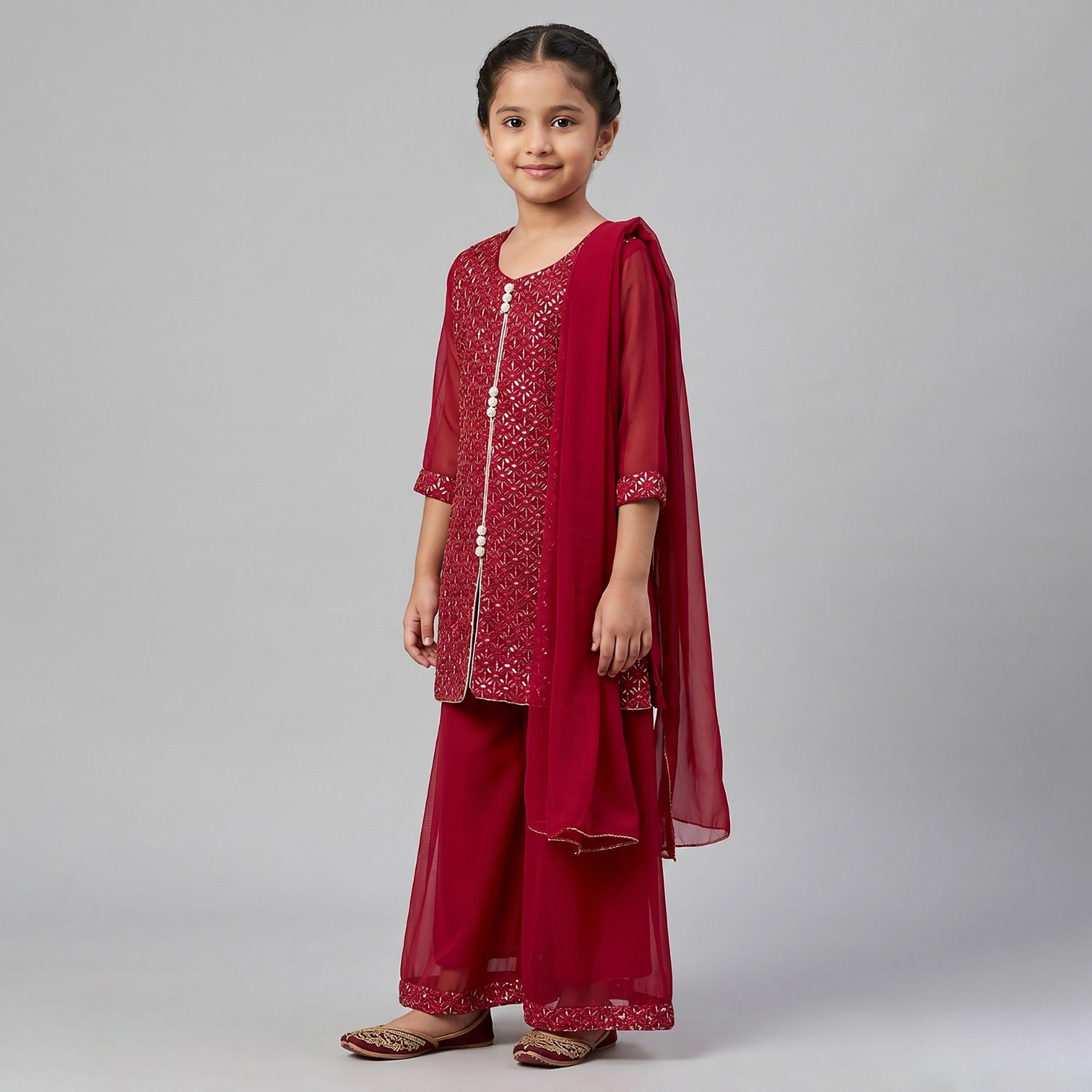 طقم تراثي بأكمام ثلاثة أرباع كورتة وشارارا مزين مع دوباتا من بيبيكلو-girls-clothing-setsandcoords-image-1