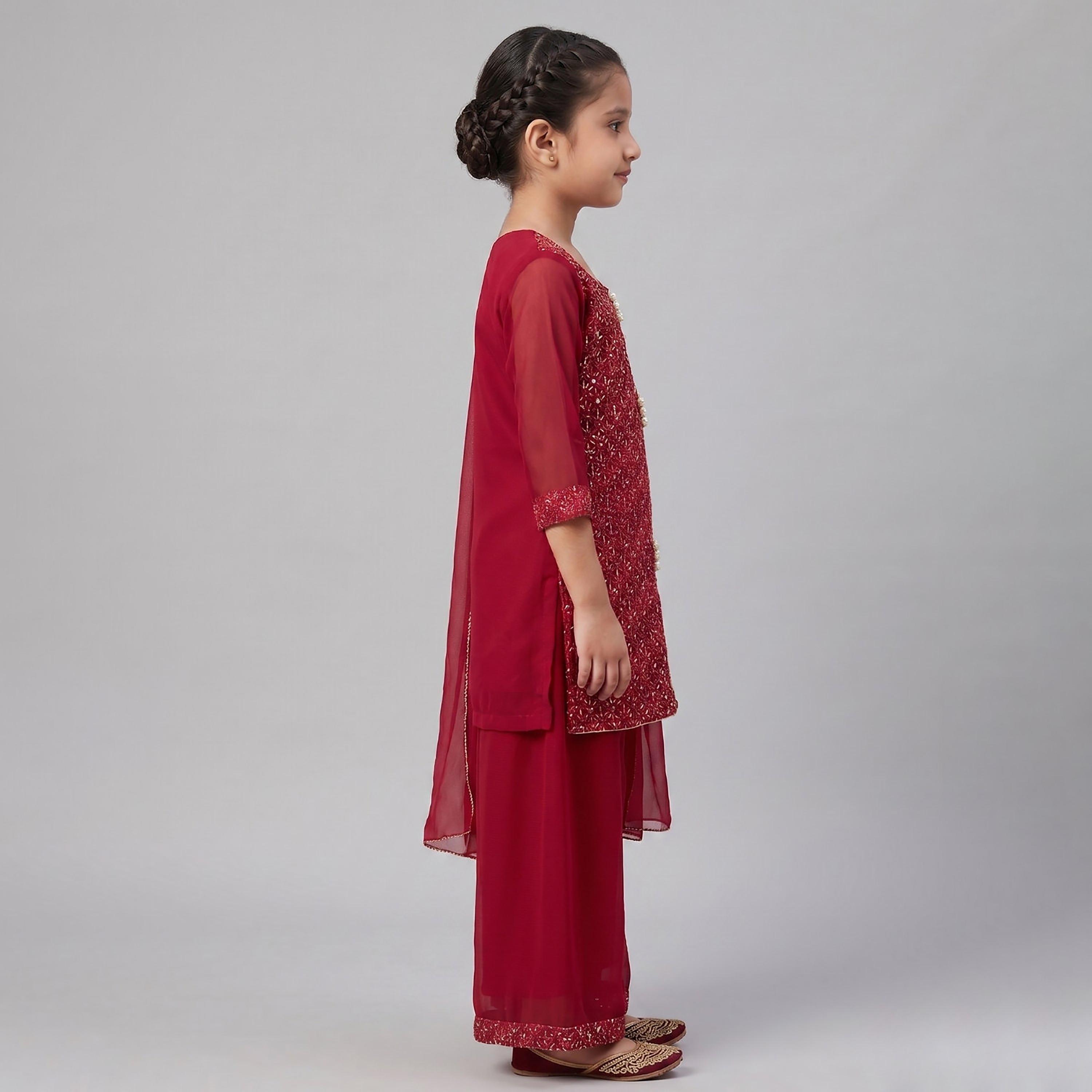 طقم تراثي بأكمام ثلاثة أرباع كورتة وشارارا مزين مع دوباتا من بيبيكلو-girls-clothing-setsandcoords-image-2