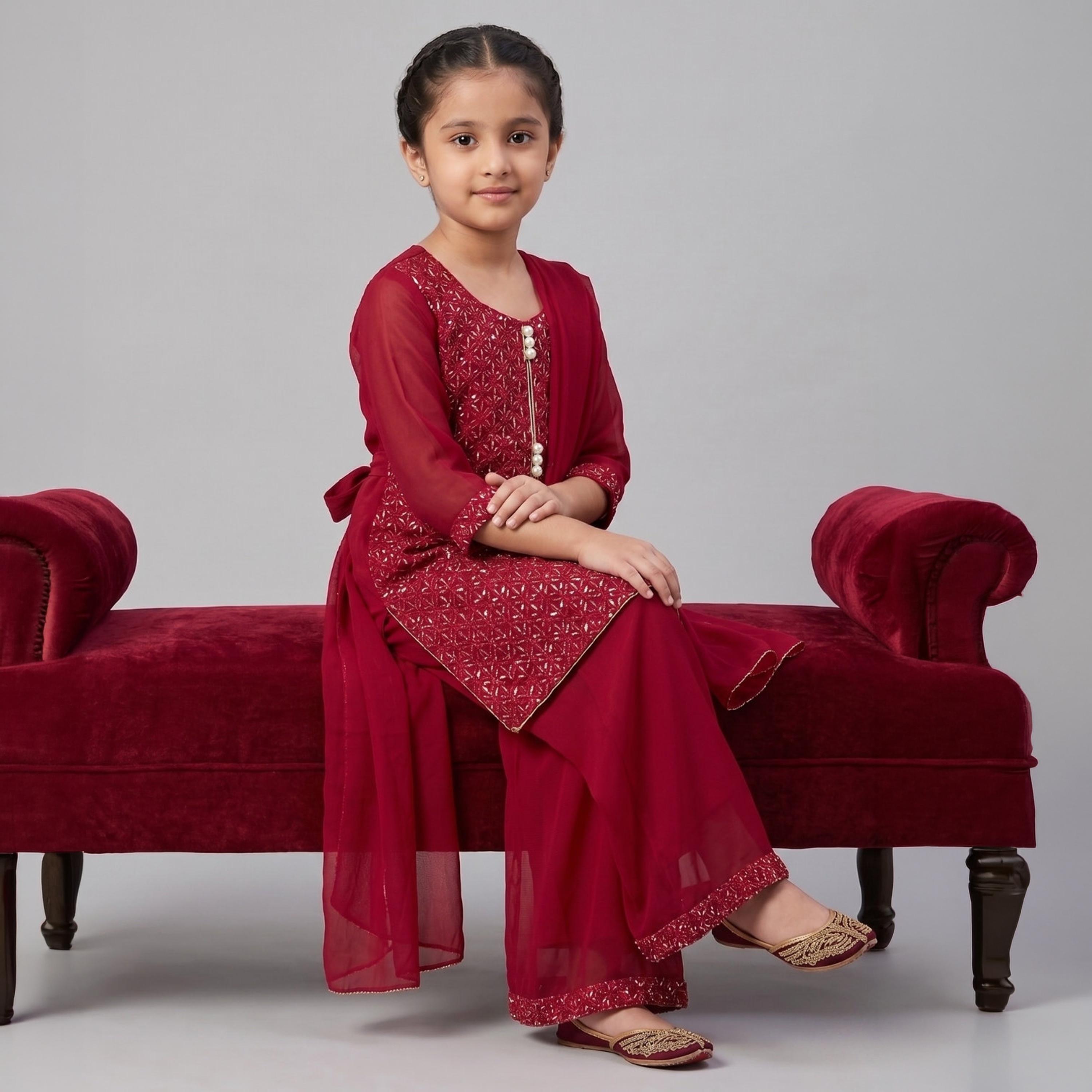 طقم تراثي بأكمام ثلاثة أرباع كورتة وشارارا مزين مع دوباتا من بيبيكلو-girls-clothing-setsandcoords-image-4