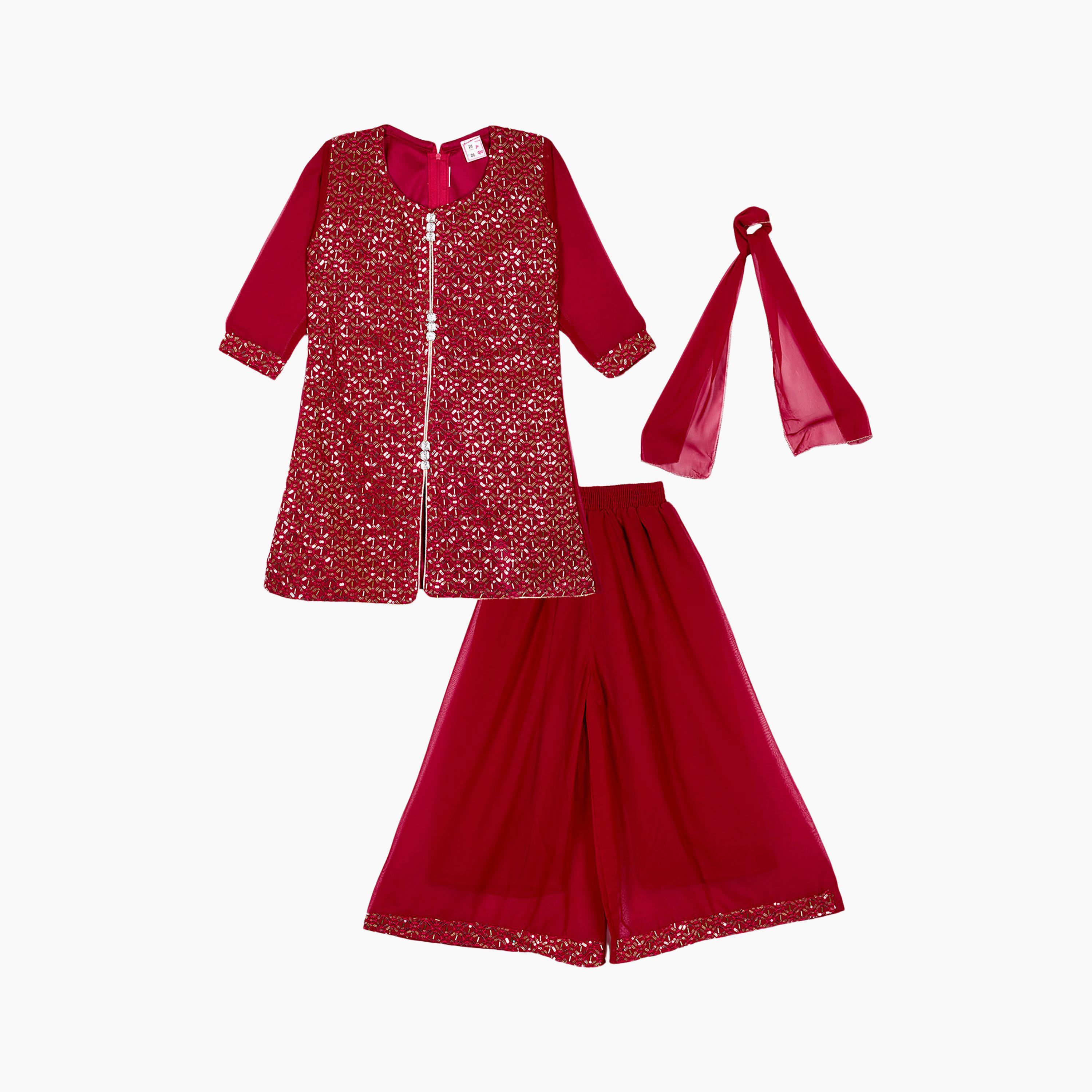 طقم تراثي بأكمام ثلاثة أرباع كورتة وشارارا مزين مع دوباتا من بيبيكلو-girls-clothing-setsandcoords-image-5