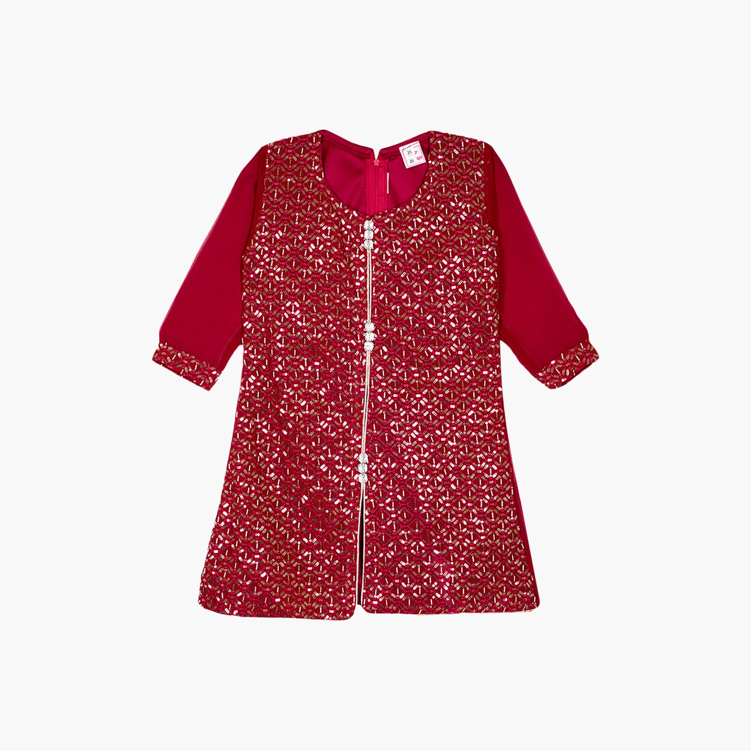 طقم تراثي بأكمام ثلاثة أرباع كورتة وشارارا مزين مع دوباتا من بيبيكلو-girls-clothing-setsandcoords-image-6