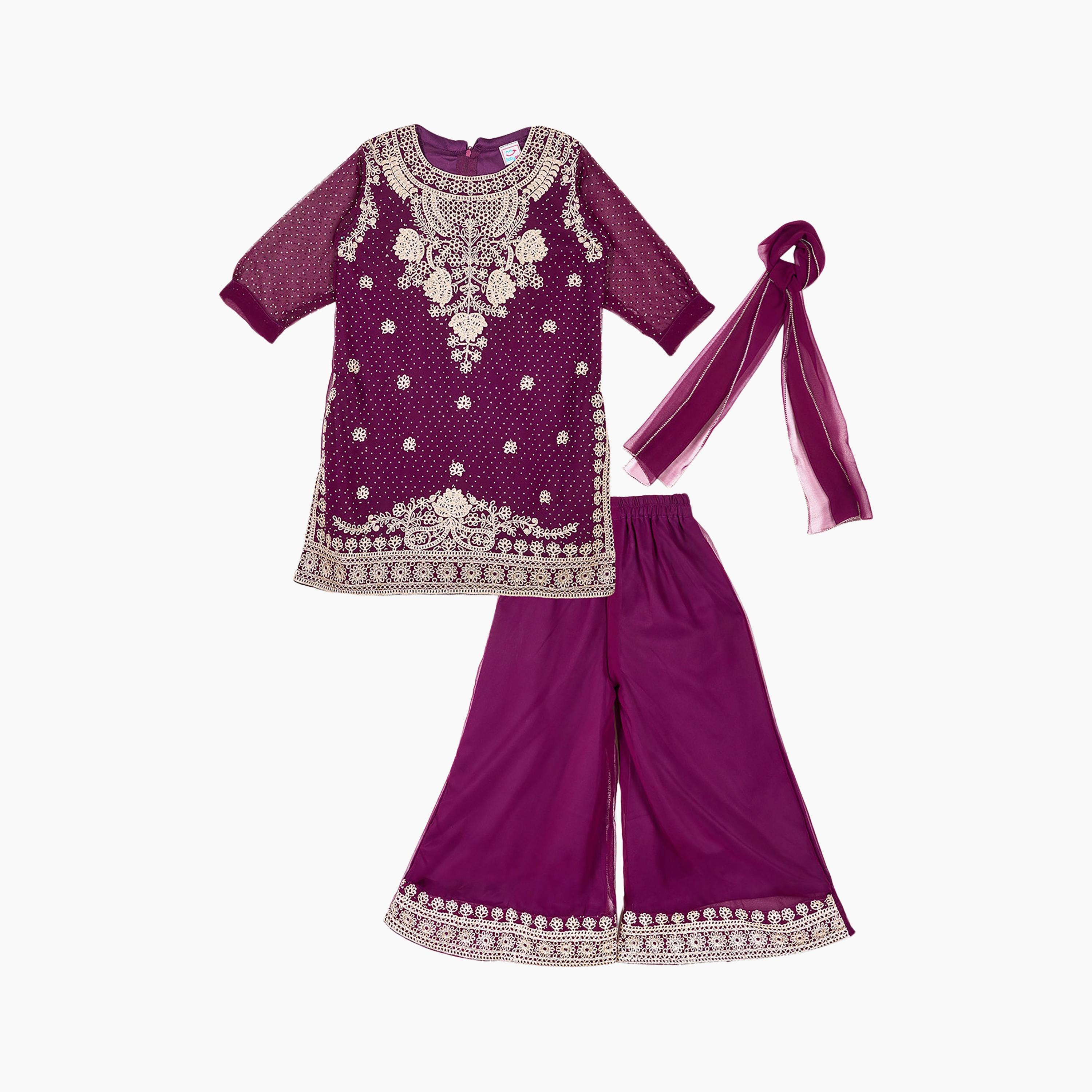طقم تراثي بأكمام ثلاثة أرباع كورتة وشارارا مطرز مع دوباتا من بيبيكلو-girls-clothing-setsandcoords-image-5