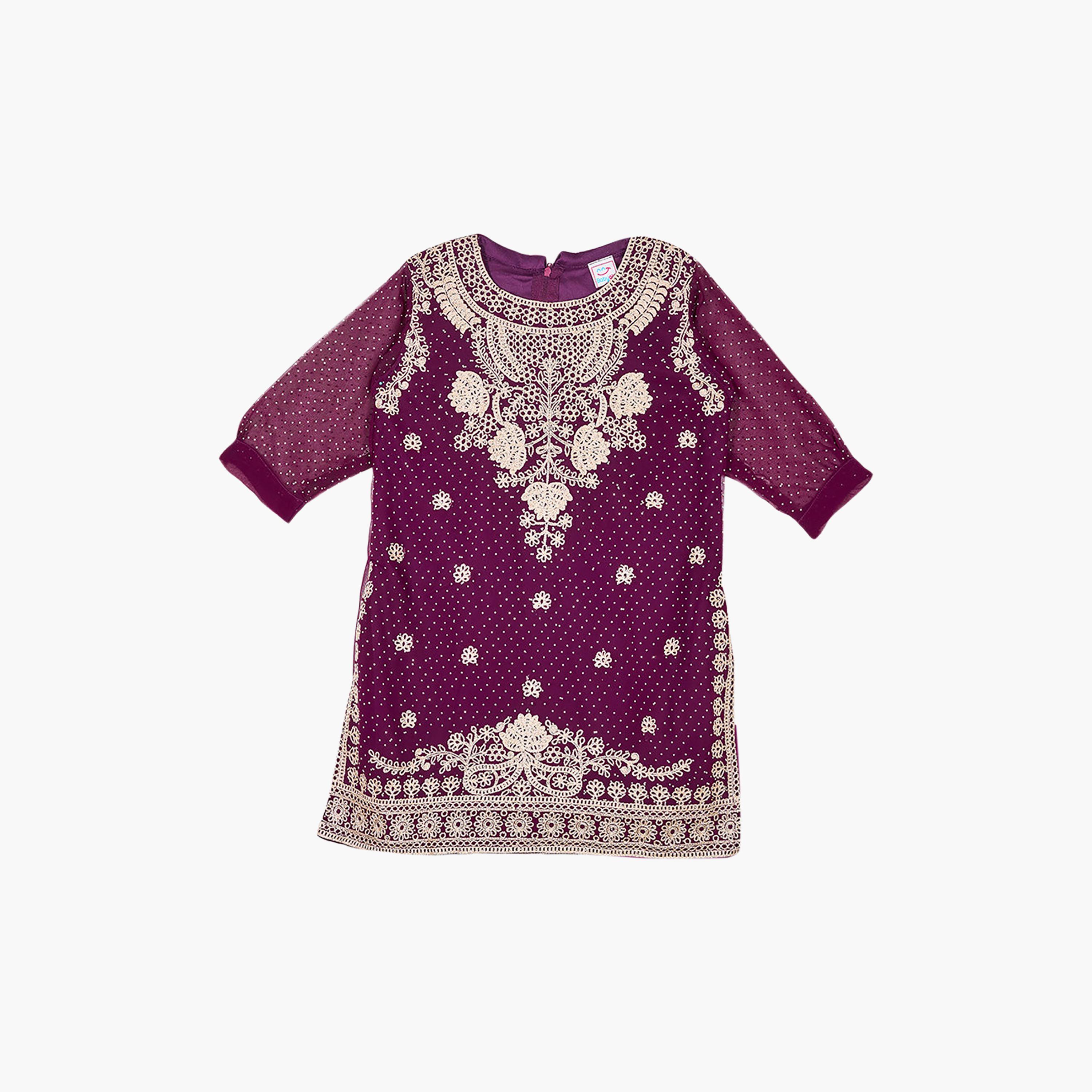 طقم تراثي بأكمام ثلاثة أرباع كورتة وشارارا مطرز مع دوباتا من بيبيكلو-girls-clothing-setsandcoords-image-6