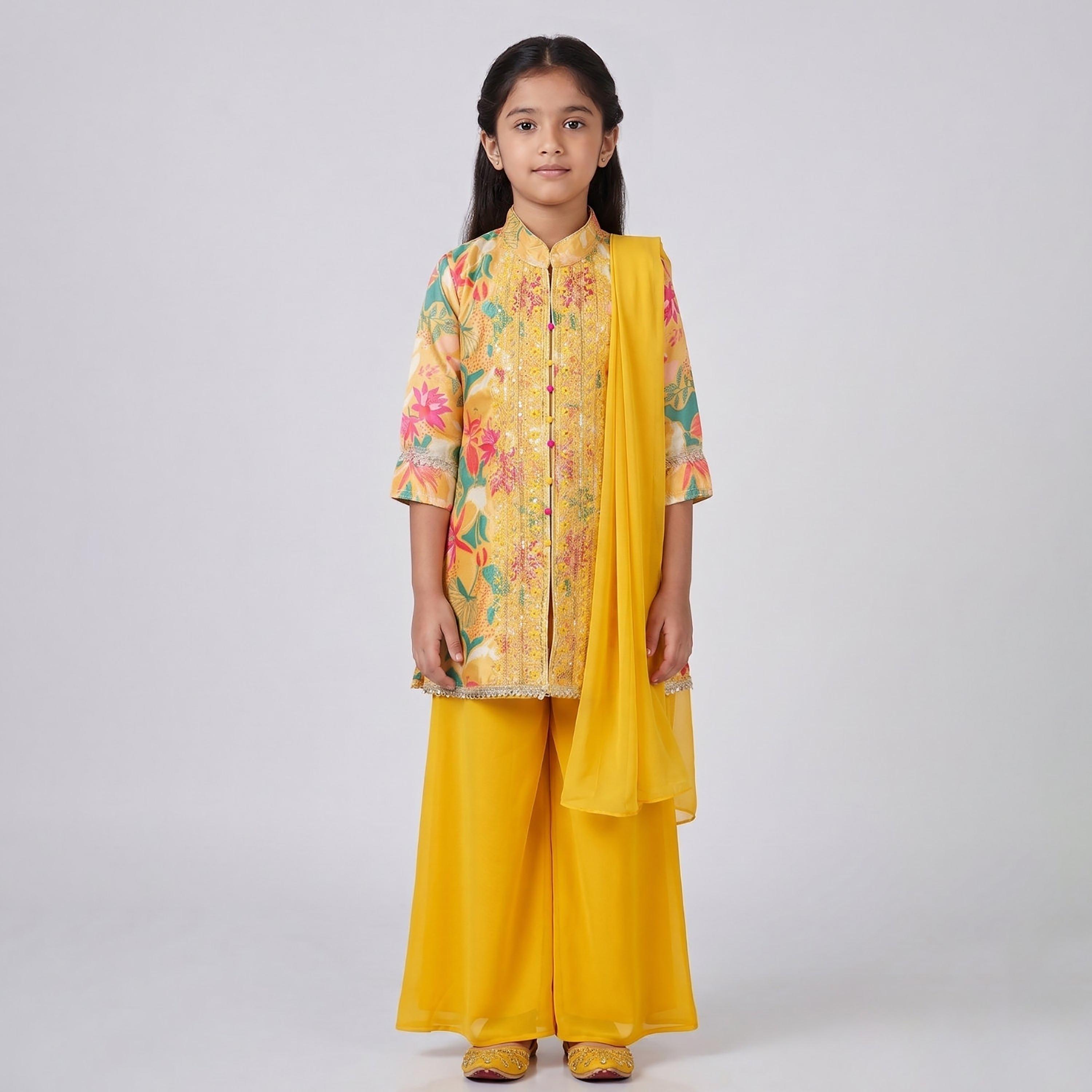 طقم تراثي بأكمام ثلاثة أرباع كورتي وبنطال بالازو بنقشة زهور مع دوباتا من بيبيكلو-girls-clothing-setsandcoords-image-1