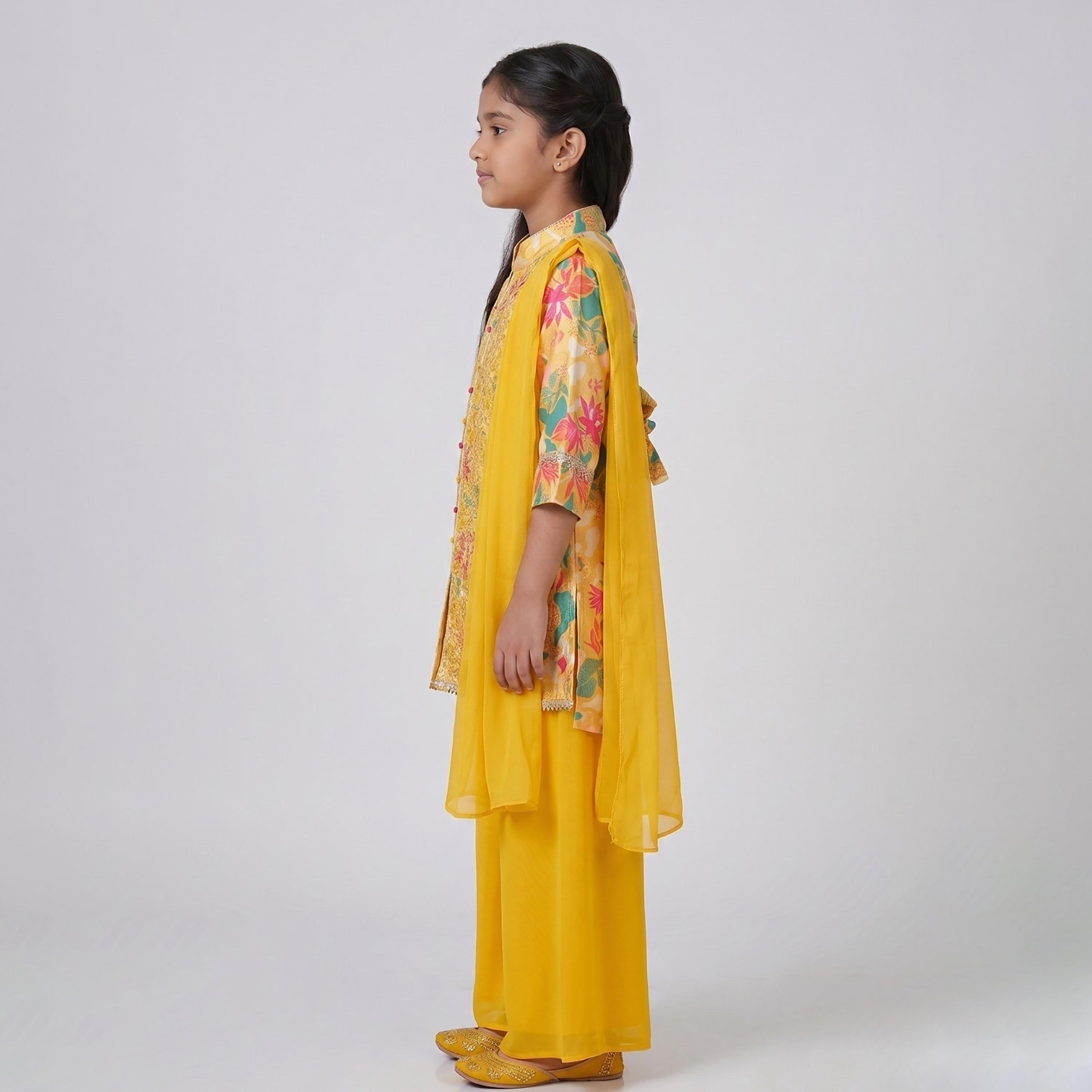 طقم تراثي بأكمام ثلاثة أرباع كورتي وبنطال بالازو بنقشة زهور مع دوباتا من بيبيكلو-girls-clothing-setsandcoords-image-2