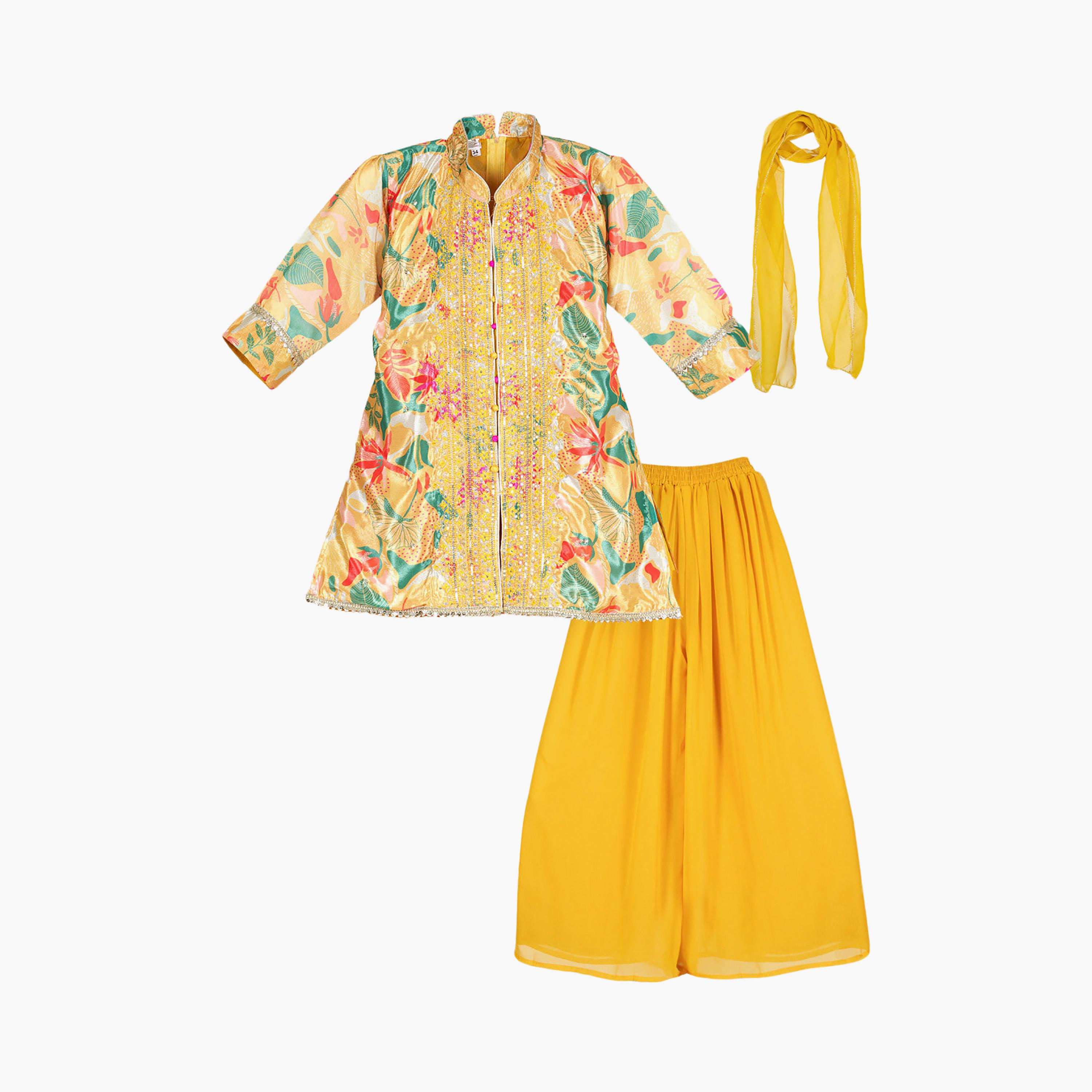 طقم تراثي بأكمام ثلاثة أرباع كورتي وبنطال بالازو بنقشة زهور مع دوباتا من بيبيكلو-girls-clothing-setsandcoords-image-4