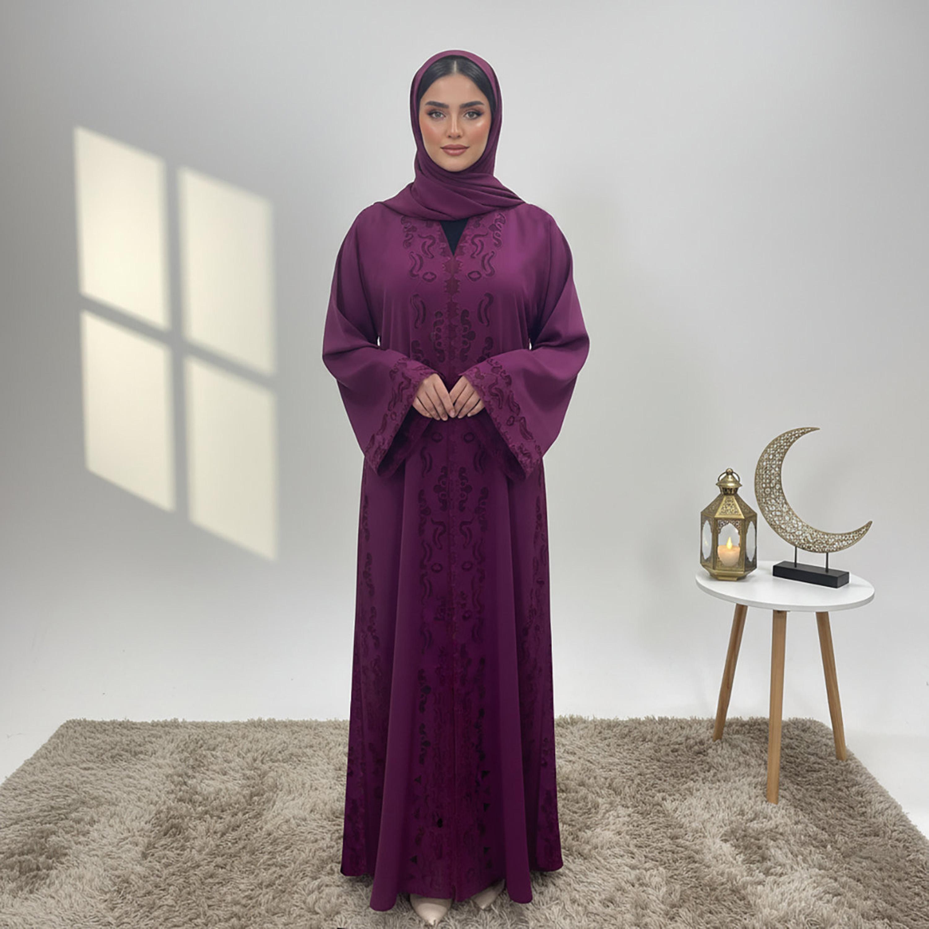 Nukhbaa Purple Embroidered Flared Sleeves Nida Women's Evening Abaya with Hijab-women-arabicclothing-abayas-image-1