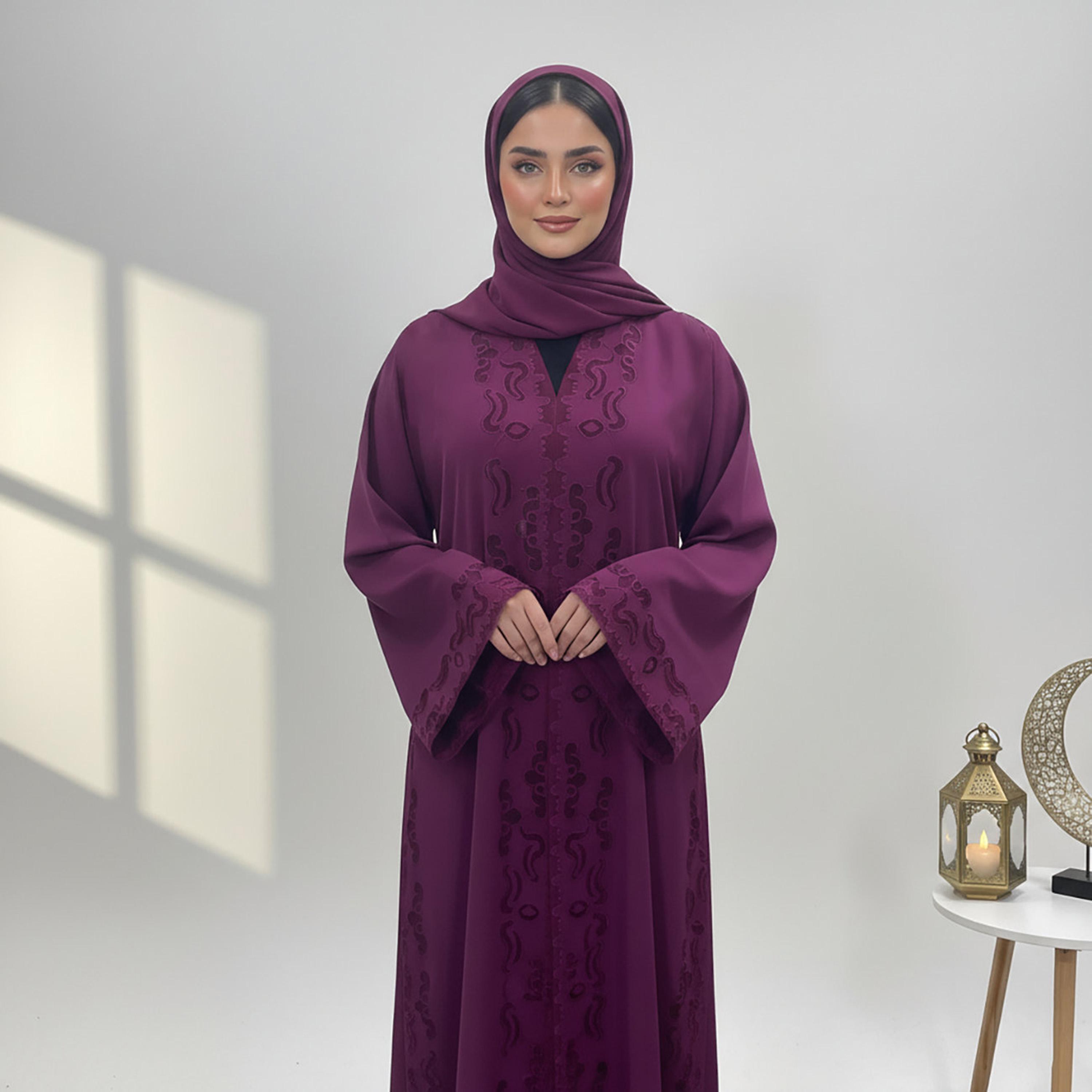 Nukhbaa Purple Embroidered Flared Sleeves Nida Women's Evening Abaya with Hijab-women-arabicclothing-abayas-image-2