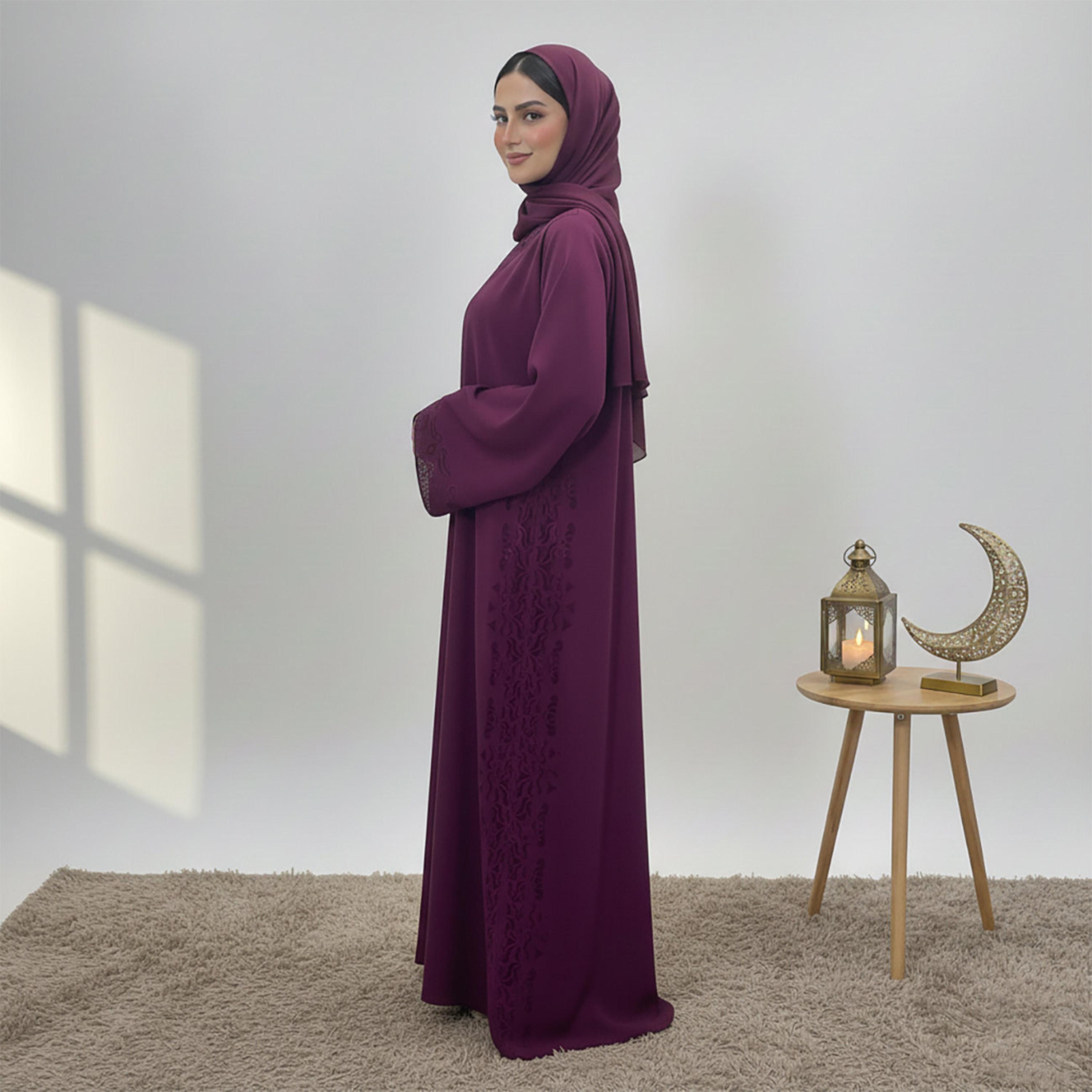 Nukhbaa Purple Embroidered Flared Sleeves Nida Women's Evening Abaya with Hijab-women-arabicclothing-abayas-image-3
