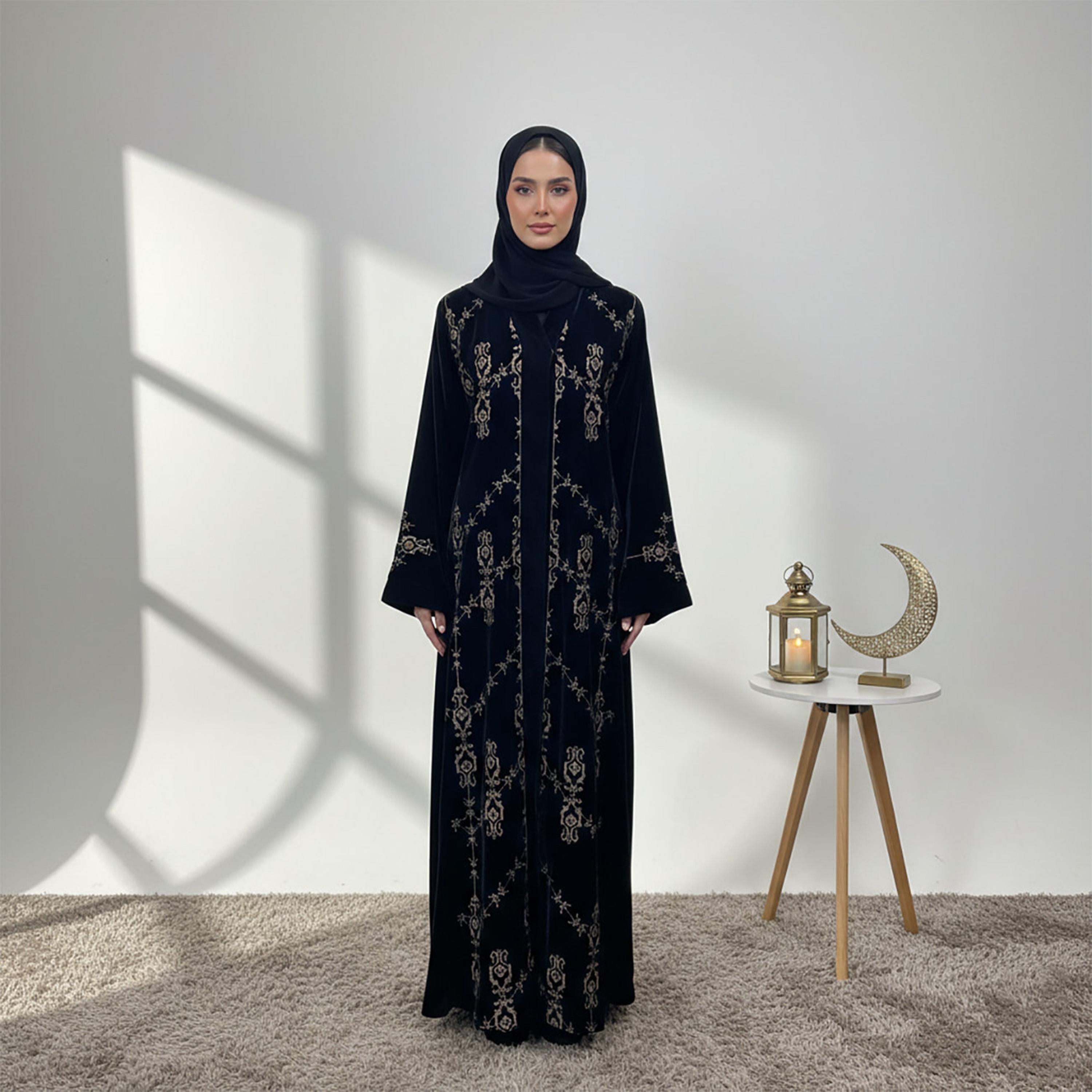 Nukhbaa Black Embroidered Velvet Women's Evening Abaya with Hijab-women-arabicclothing-abayas-image-1