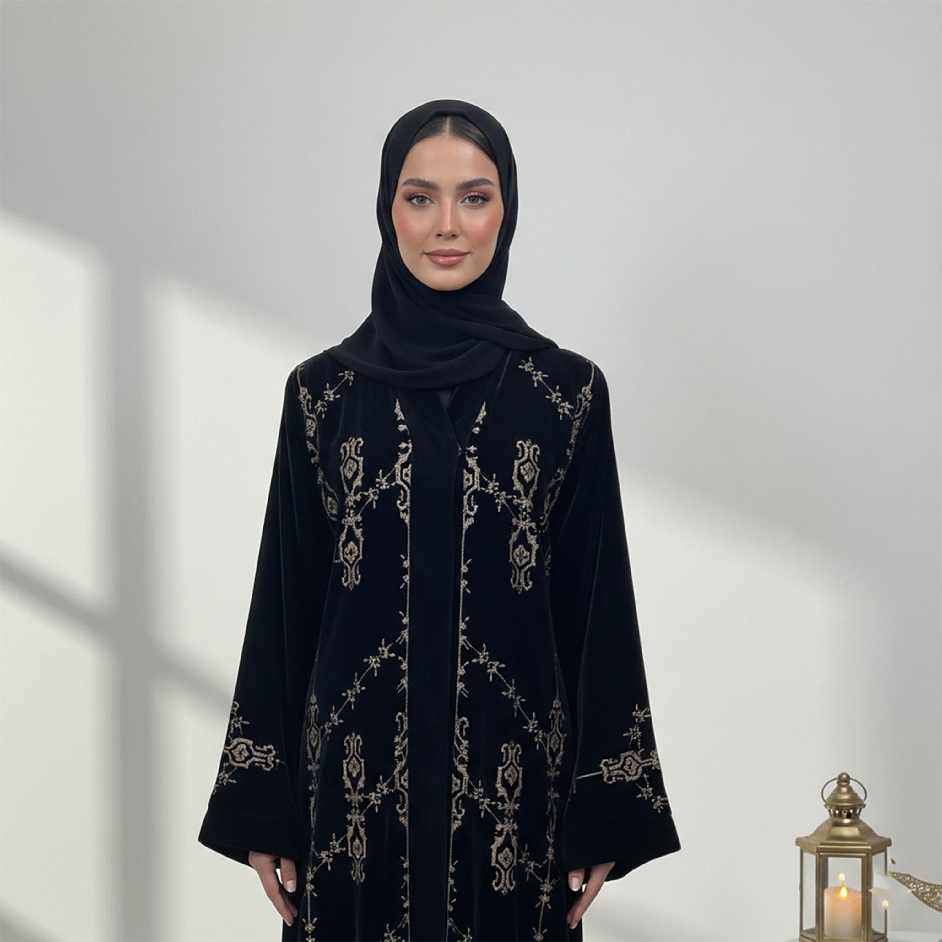 Nukhbaa Black Embroidered Velvet Women's Evening Abaya with Hijab-women-arabicclothing-abayas-image-2
