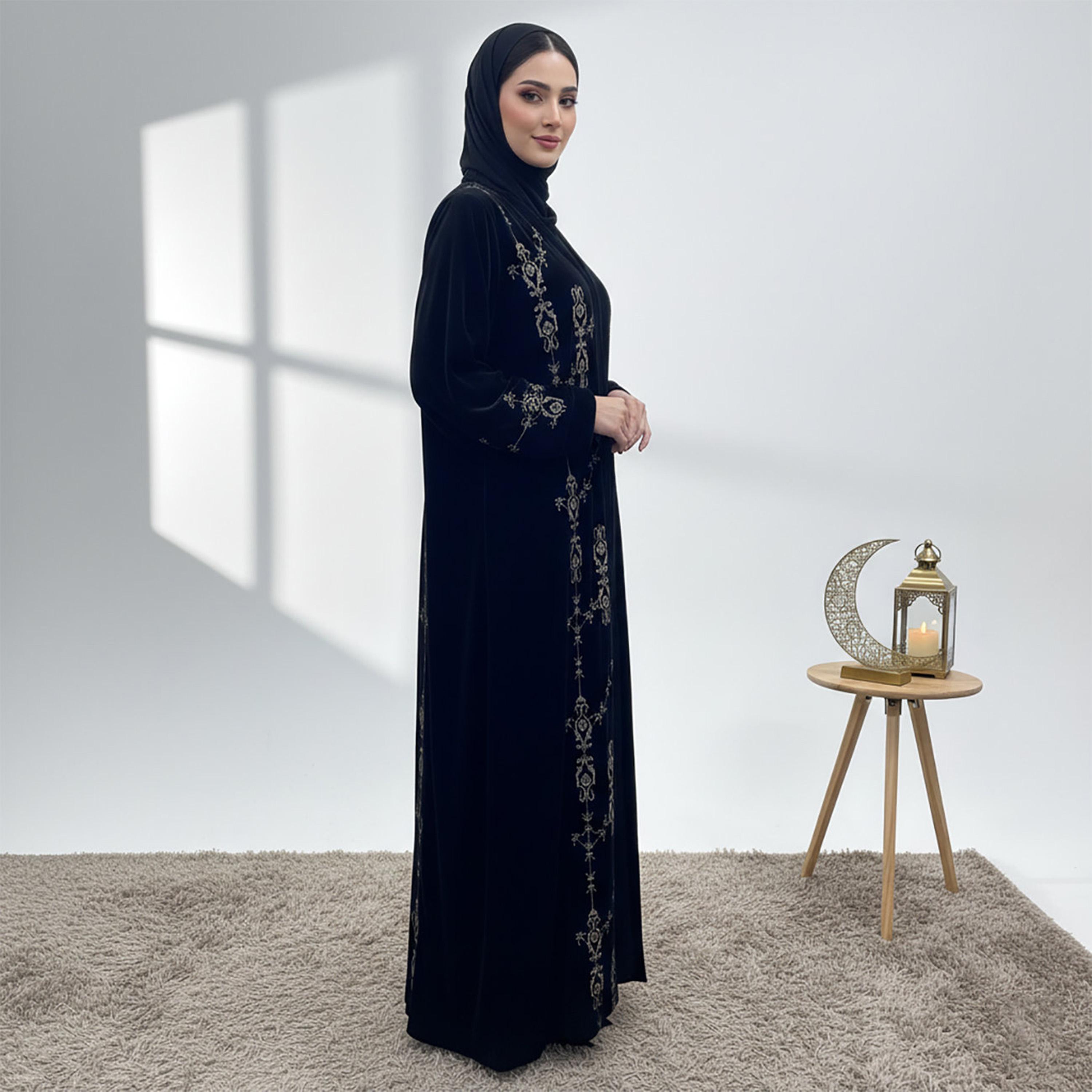 Nukhbaa Black Embroidered Velvet Women's Evening Abaya with Hijab-women-arabicclothing-abayas-image-3