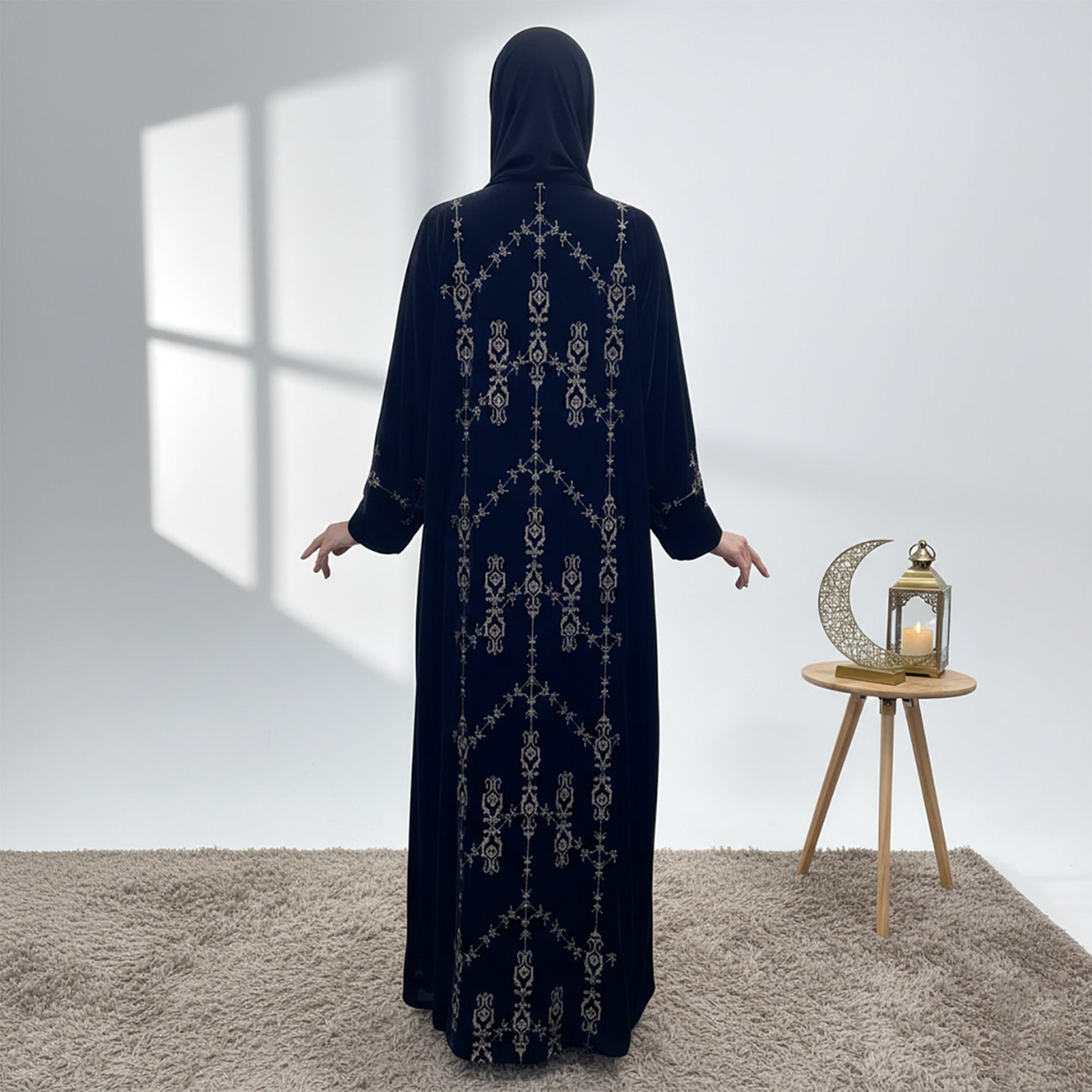 Nukhbaa Black Embroidered Velvet Women's Evening Abaya with Hijab-women-arabicclothing-abayas-image-4