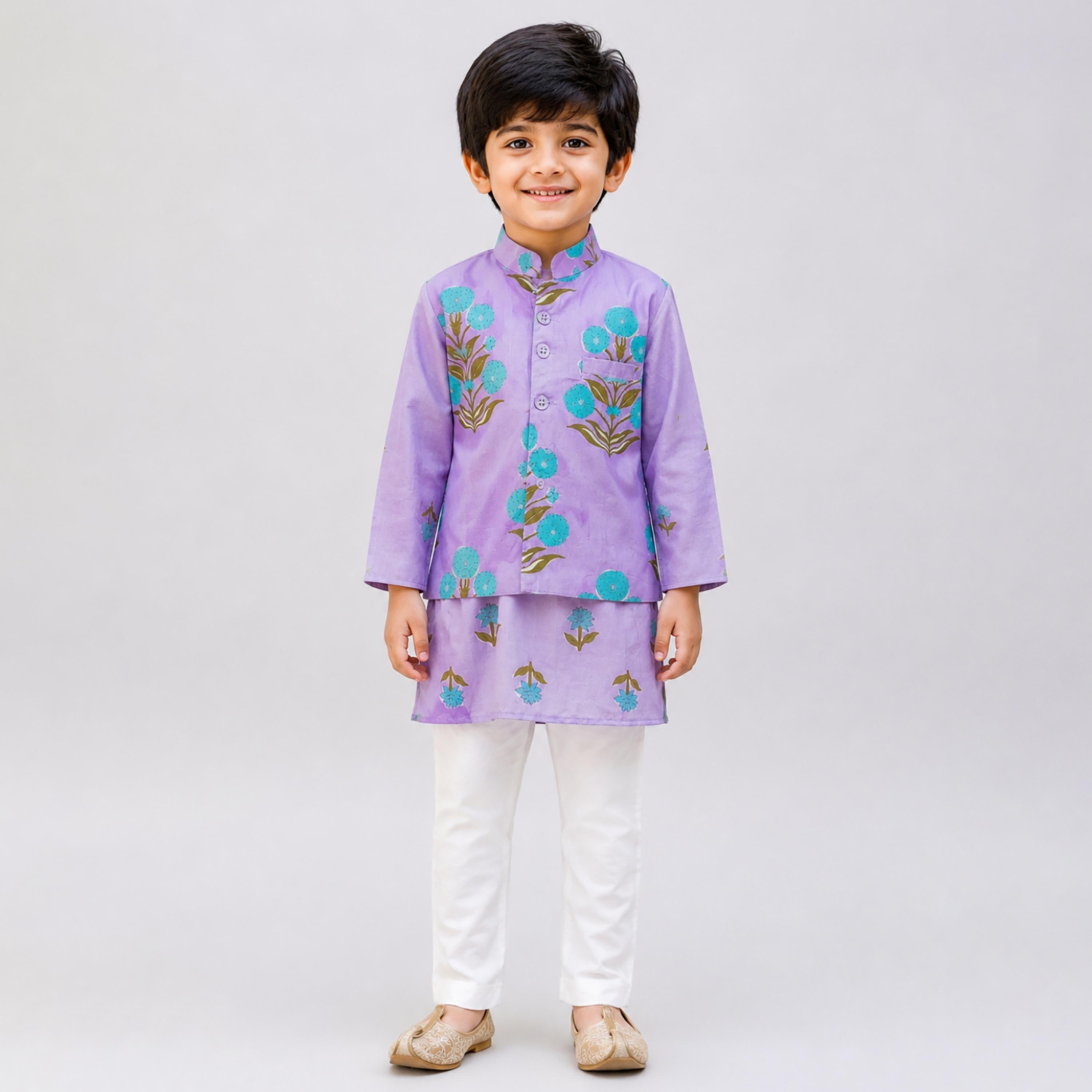Babyqlo Floral Long Sleeves Ethnic Kurta with Jacket & Pyjama Set-boys-clothing-setsandcoords-image-1