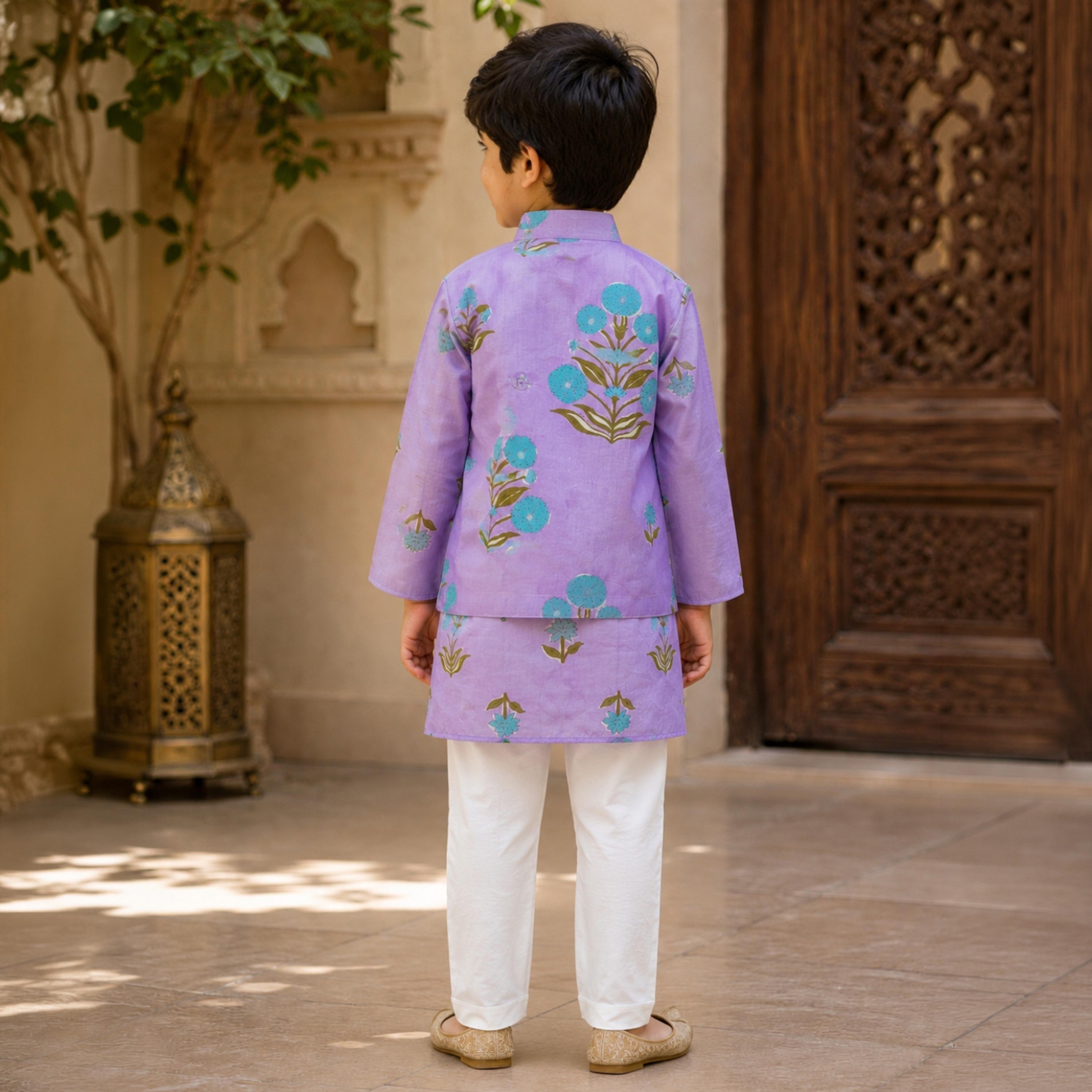 Babyqlo Floral Long Sleeves Ethnic Kurta with Jacket & Pyjama Set-boys-clothing-setsandcoords-image-2
