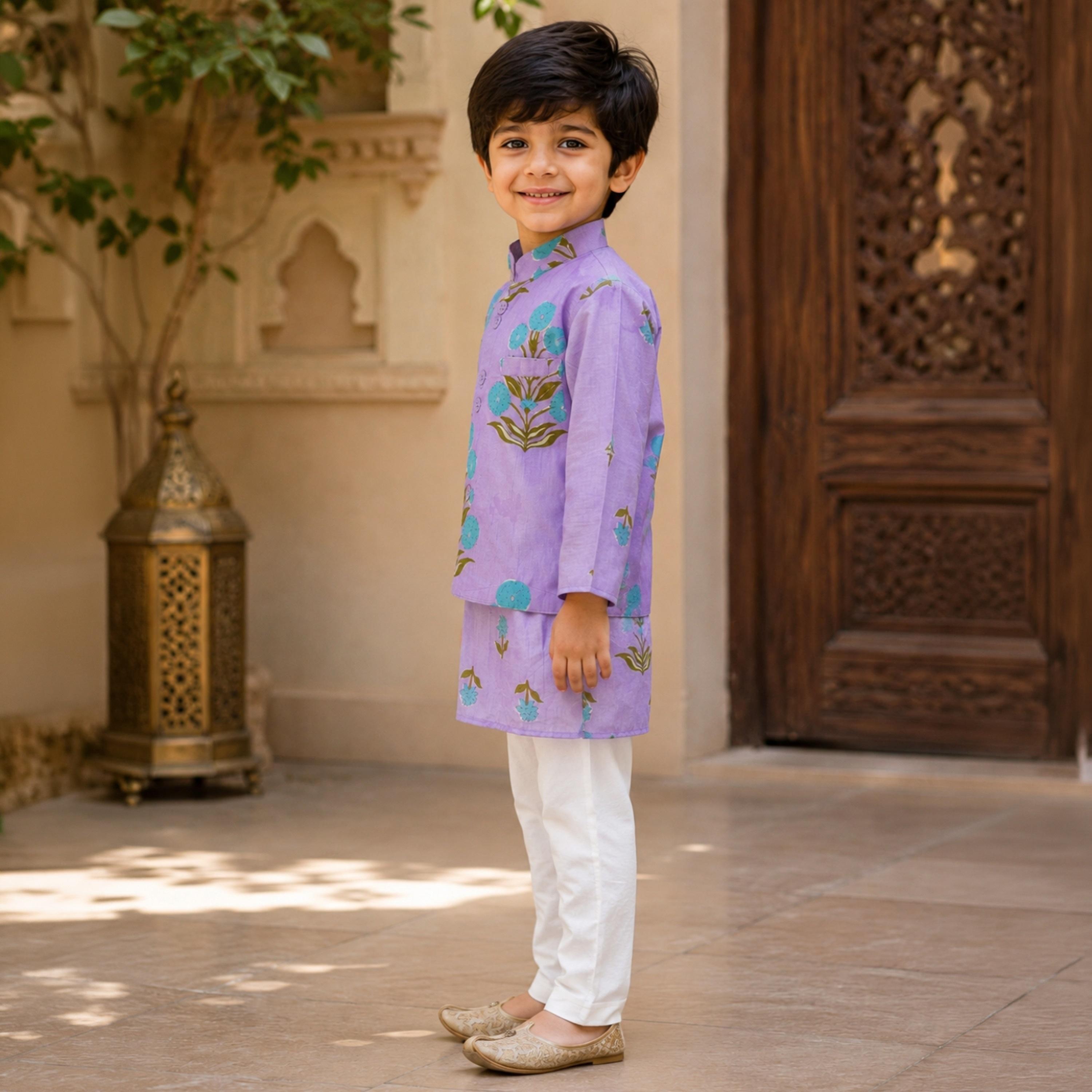Babyqlo Floral Long Sleeves Ethnic Kurta with Jacket & Pyjama Set-boys-clothing-setsandcoords-image-3