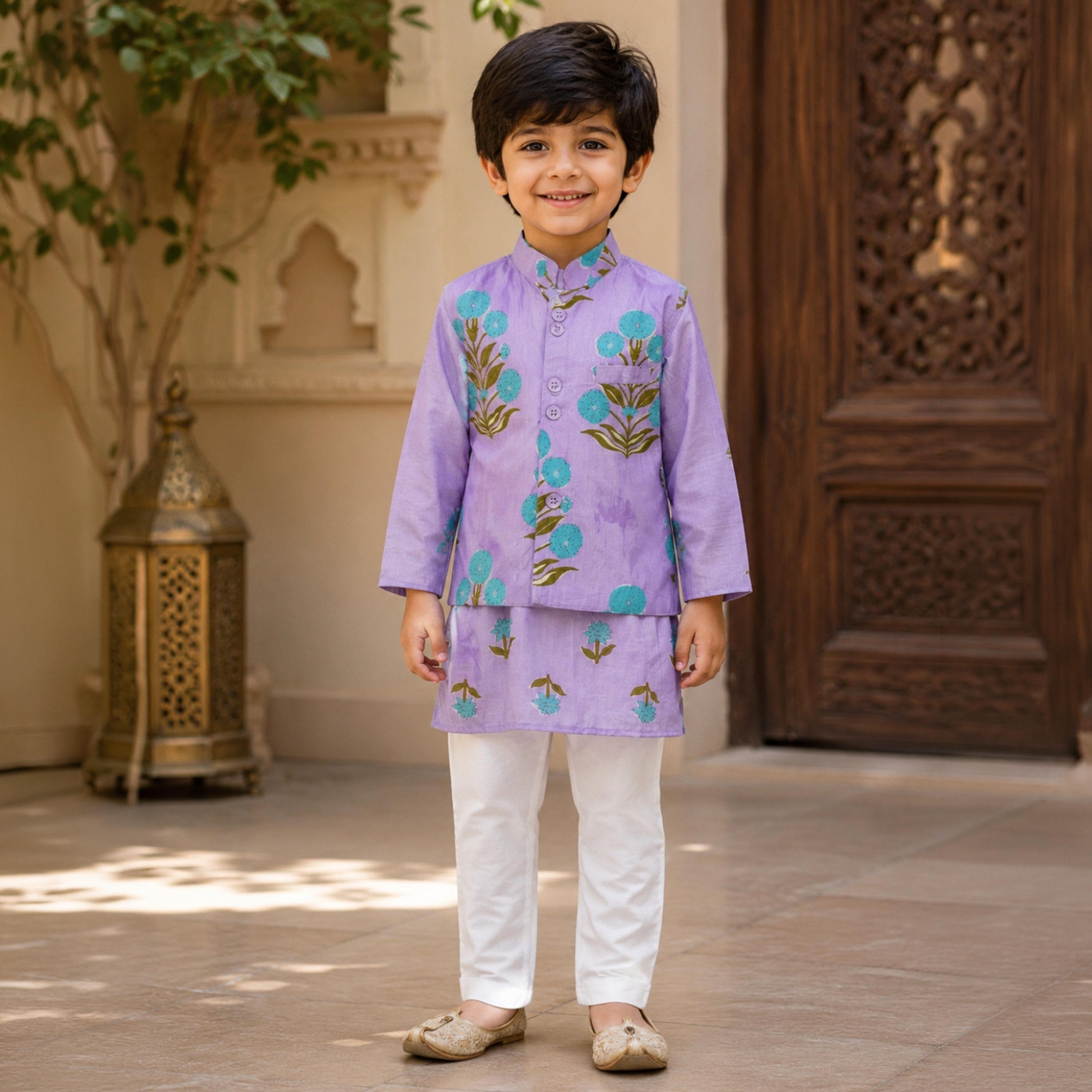 Babyqlo Floral Long Sleeves Ethnic Kurta with Jacket & Pyjama Set-boys-clothing-setsandcoords-image-4