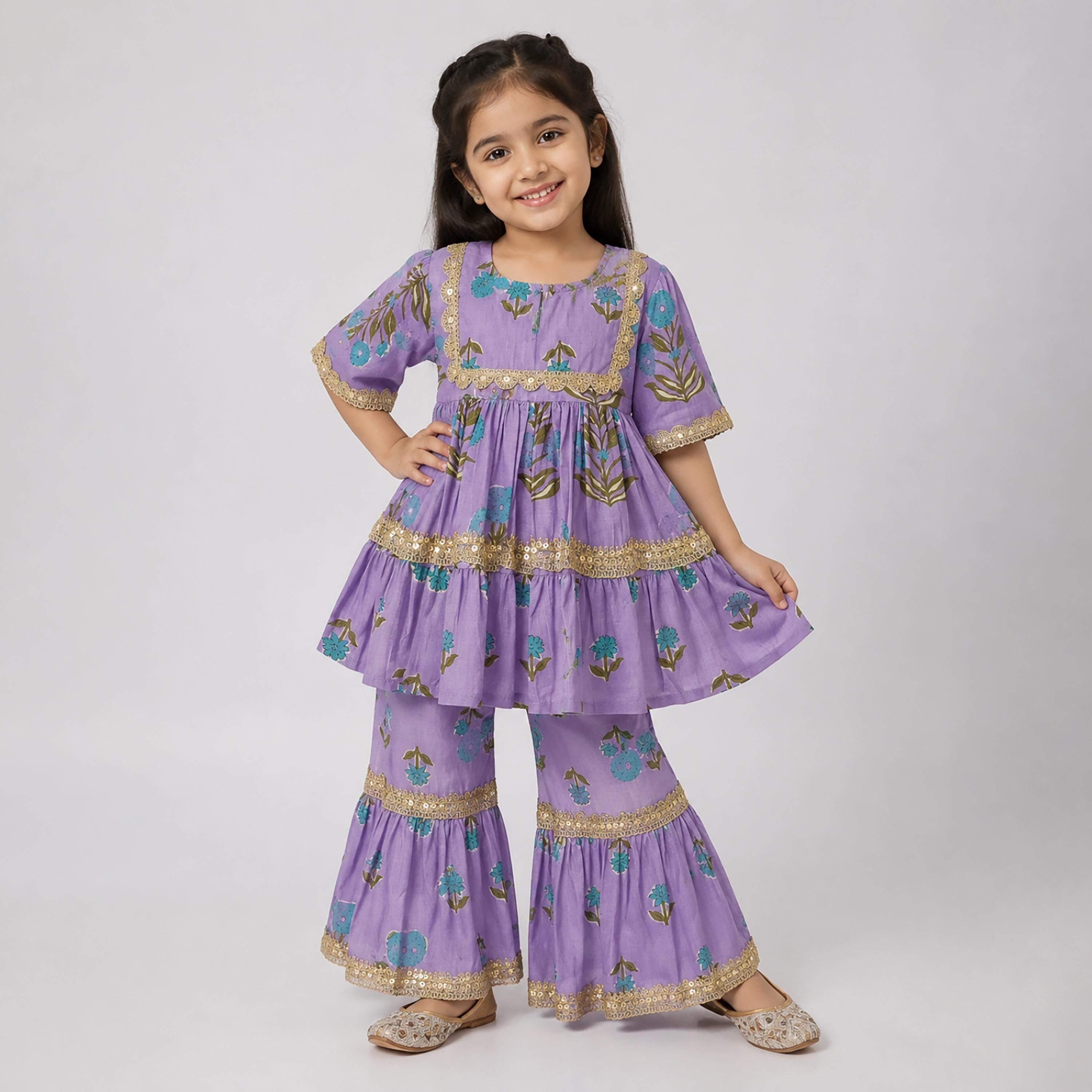 Babyqlo Floral Short Sleeves Peplum Kurta and Sharara Set-baby-girls-clothing-setsandcoords-image-1