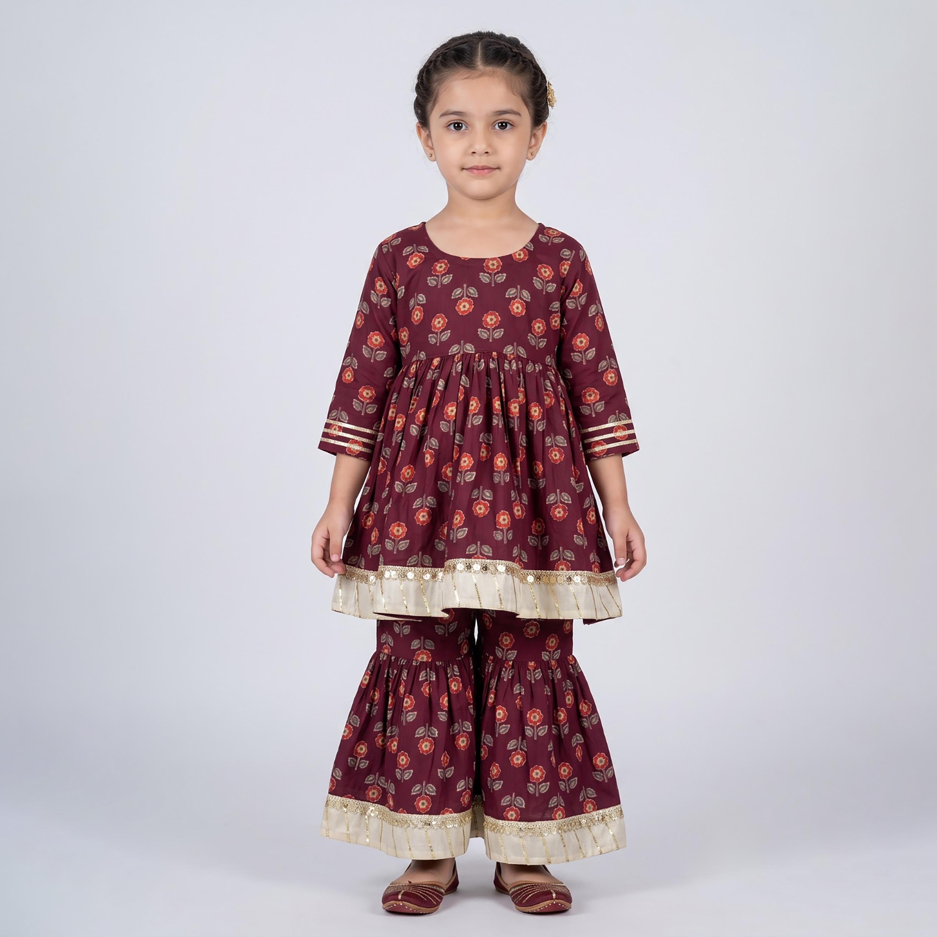 Babyqlo Floral Quarter Sleeves Anarkali Kurta with Sharara & Dupatta Set-baby-girls-clothing-setsandcoords-image-1