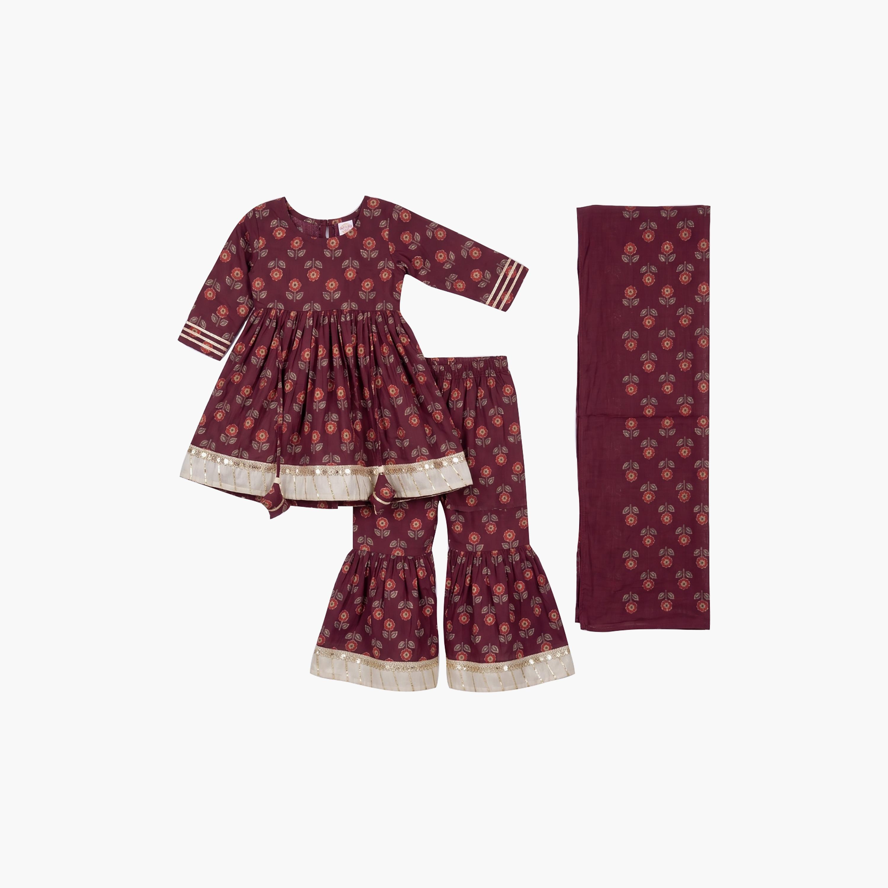 Babyqlo Floral Quarter Sleeves Anarkali Kurta with Sharara & Dupatta Set-baby-girls-clothing-setsandcoords-image-5