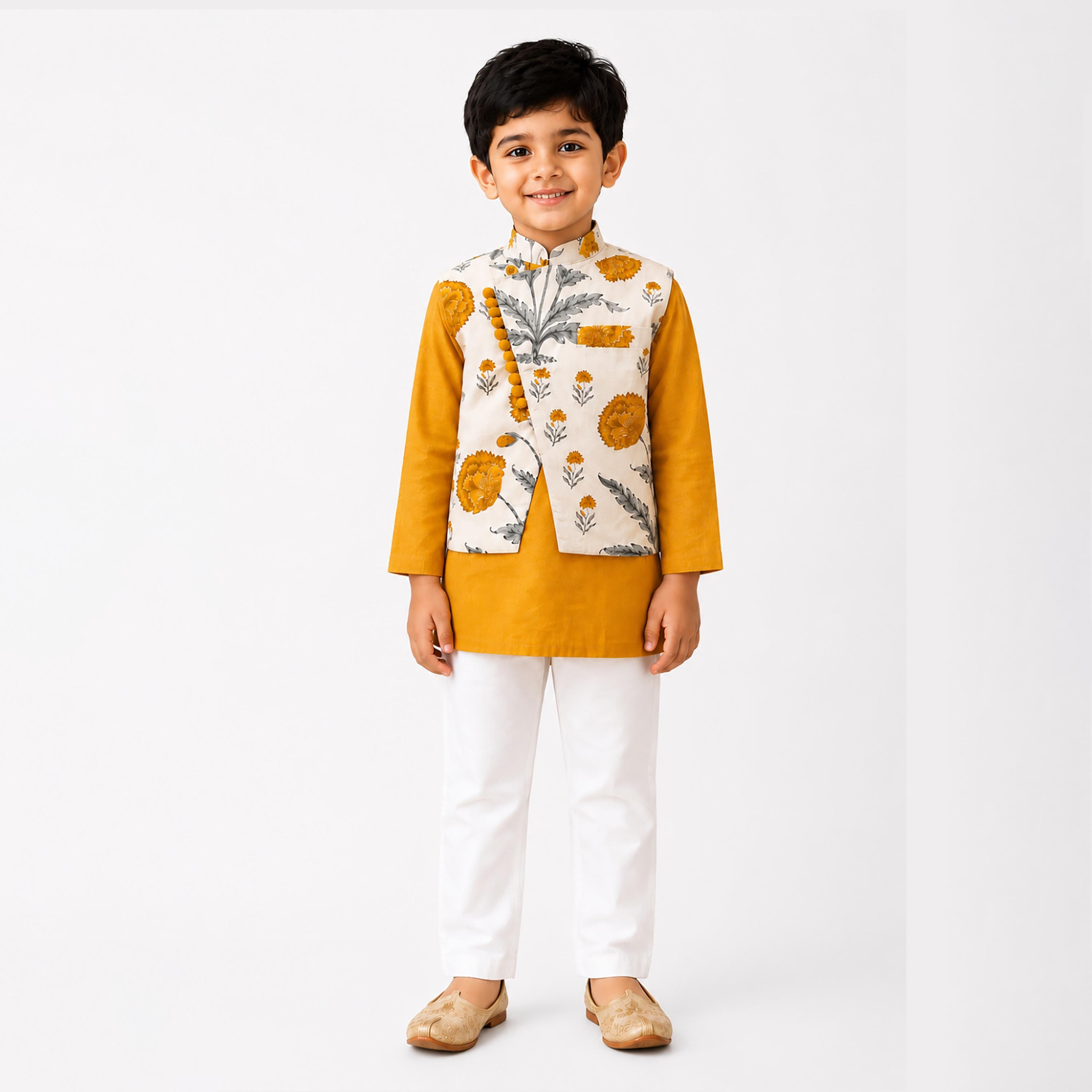 Babyqlo Long Sleeves Ethnic Kurta with Floral Jacket & Pyjama Set-boys-clothing-setsandcoords-image-1