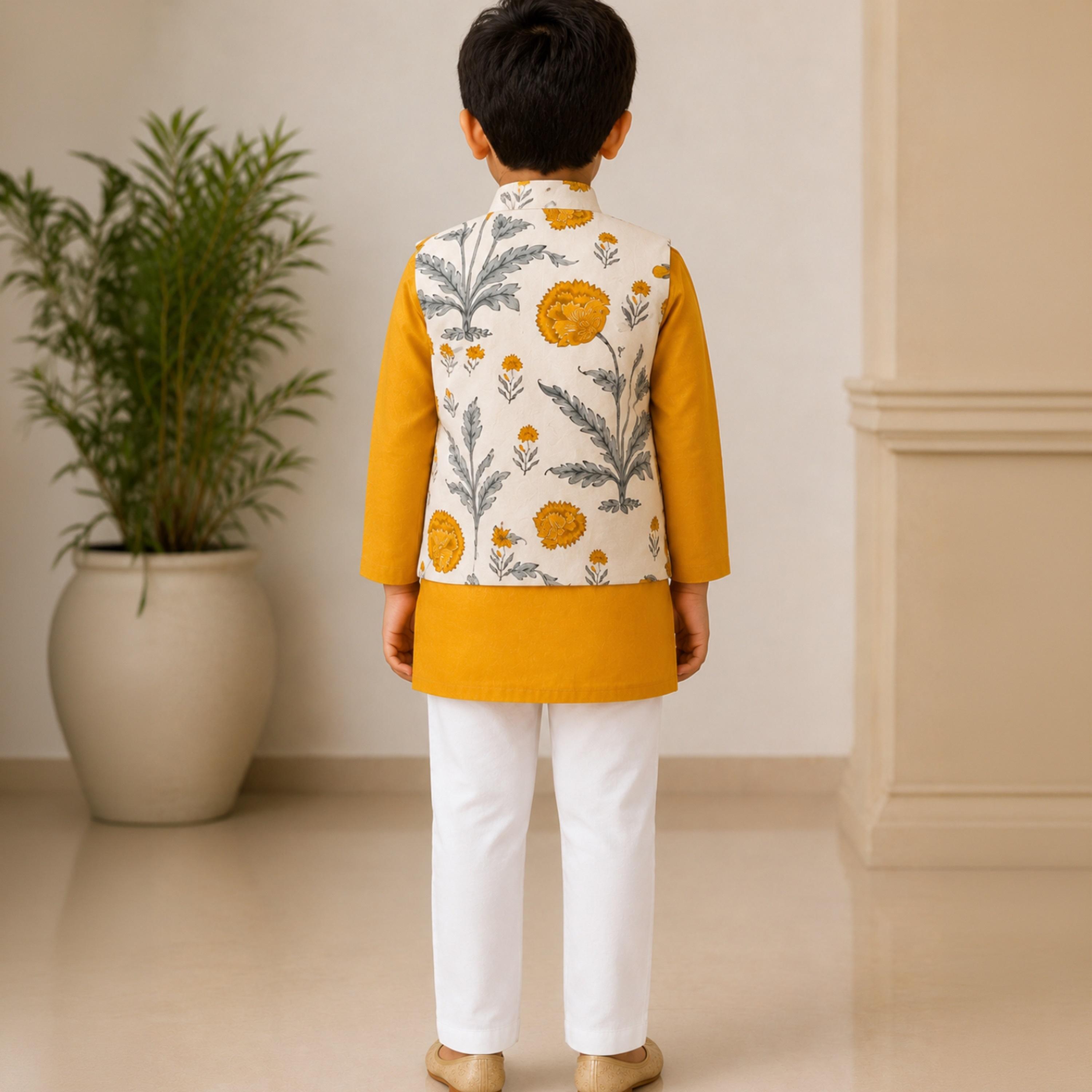 Babyqlo Long Sleeves Ethnic Kurta with Floral Jacket & Pyjama Set-boys-clothing-setsandcoords-image-2