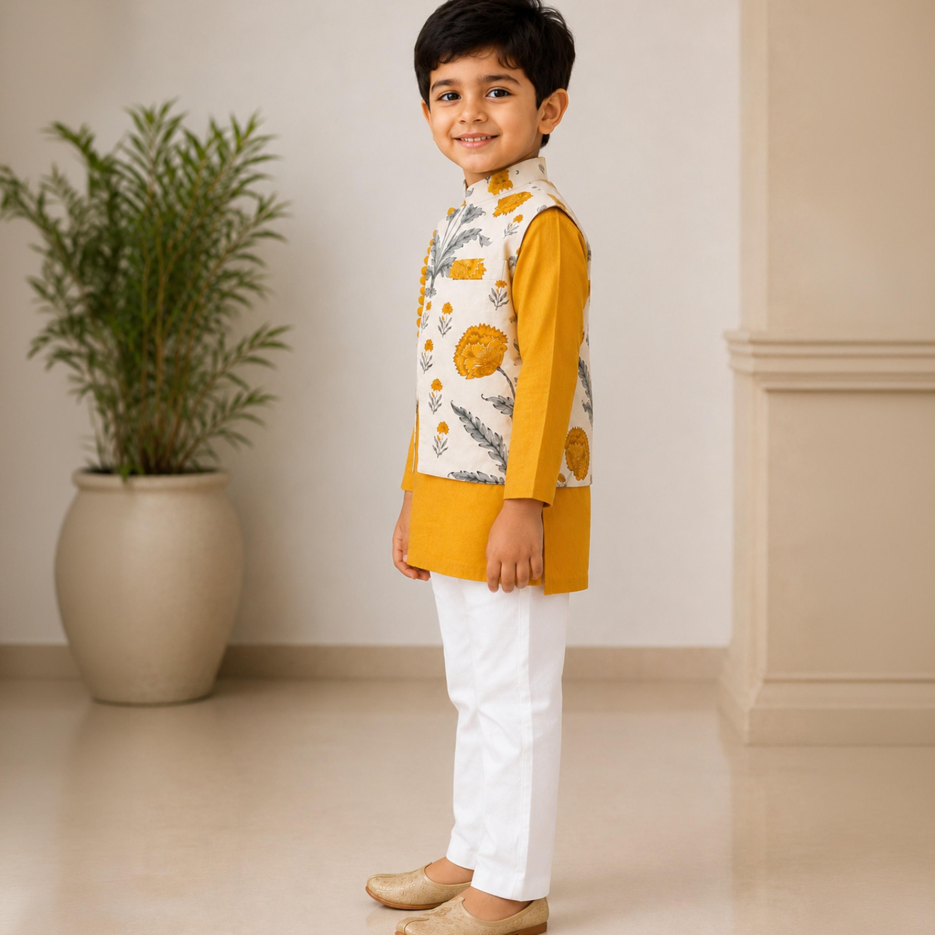 Babyqlo Long Sleeves Ethnic Kurta with Floral Jacket & Pyjama Set-boys-clothing-setsandcoords-image-3