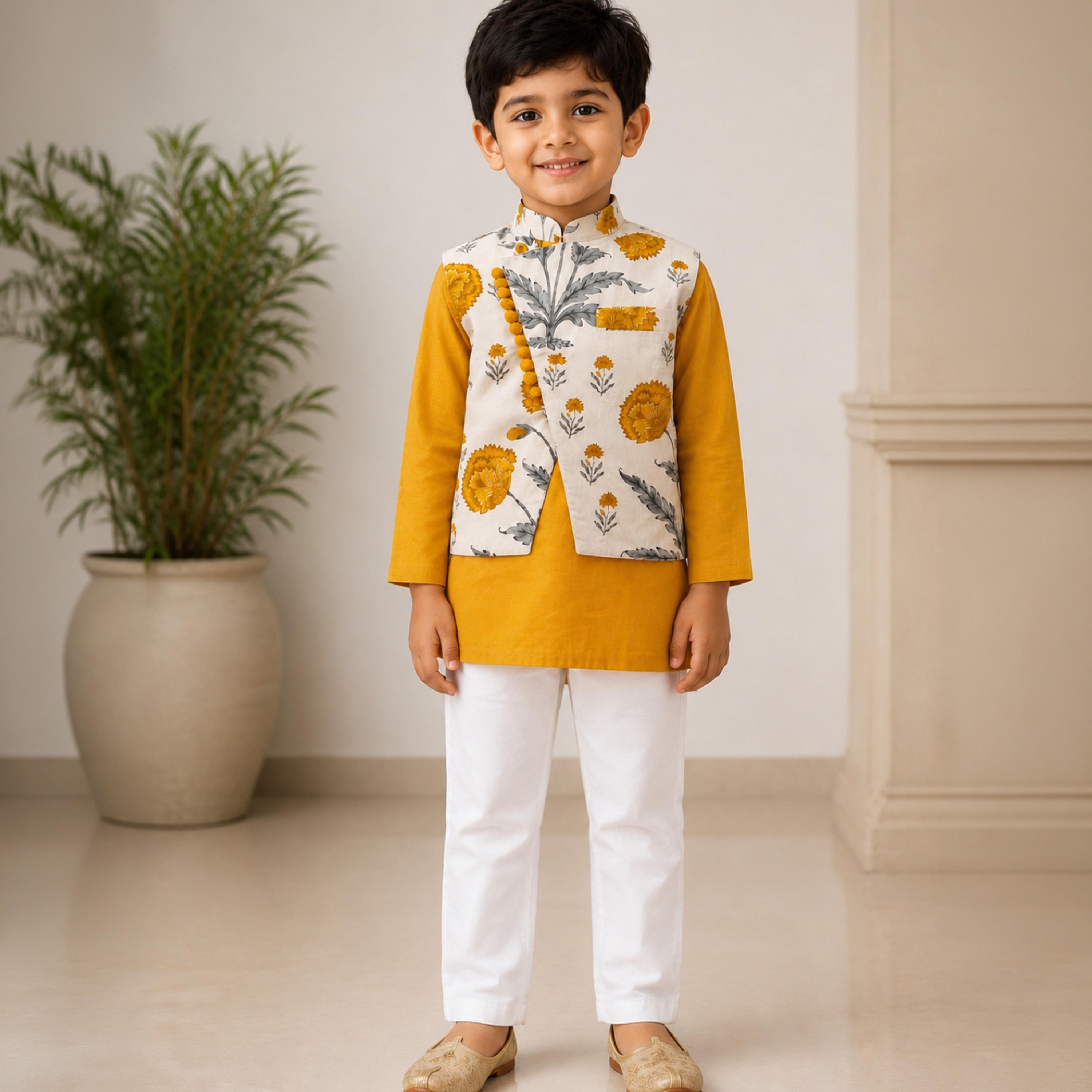 Babyqlo Long Sleeves Ethnic Kurta with Floral Jacket & Pyjama Set-boys-clothing-setsandcoords-image-4