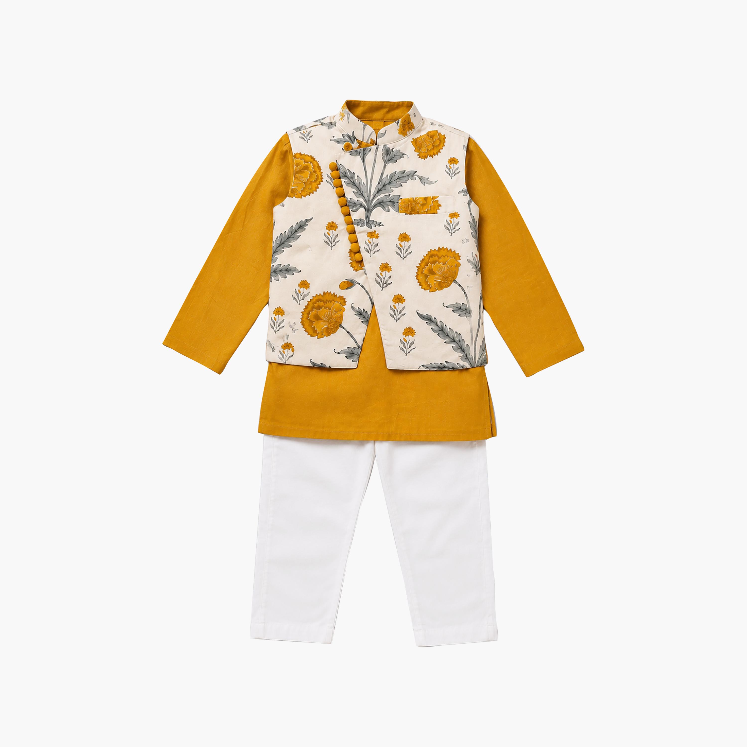 Babyqlo Long Sleeves Ethnic Kurta with Floral Jacket & Pyjama Set-boys-clothing-setsandcoords-image-5