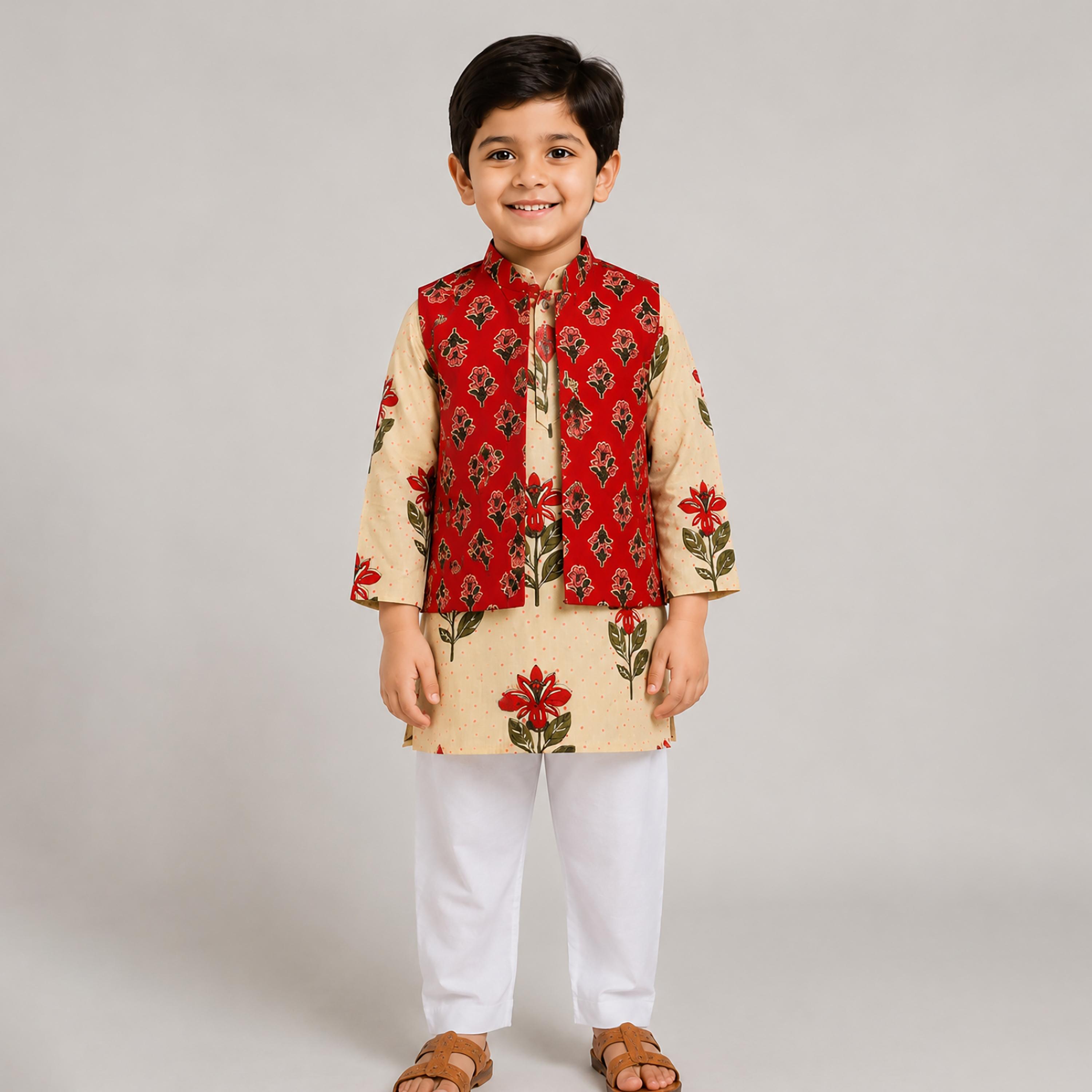 Babyqlo Floral Long Sleeves Ethnic Kurta with Jacket & Pyjama Set-boys-clothing-setsandcoords-image-1
