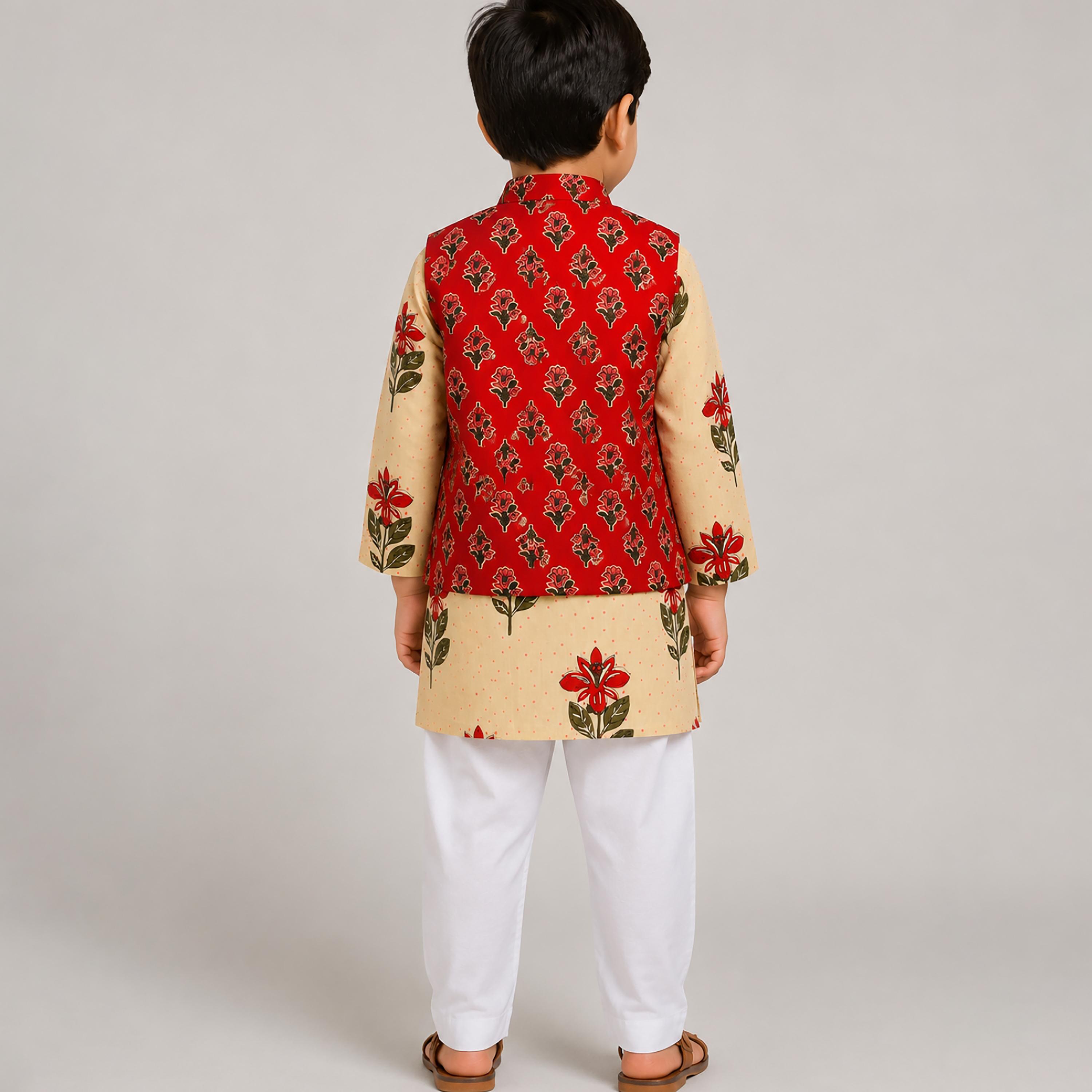 Babyqlo Floral Long Sleeves Ethnic Kurta with Jacket & Pyjama Set-boys-clothing-setsandcoords-image-2
