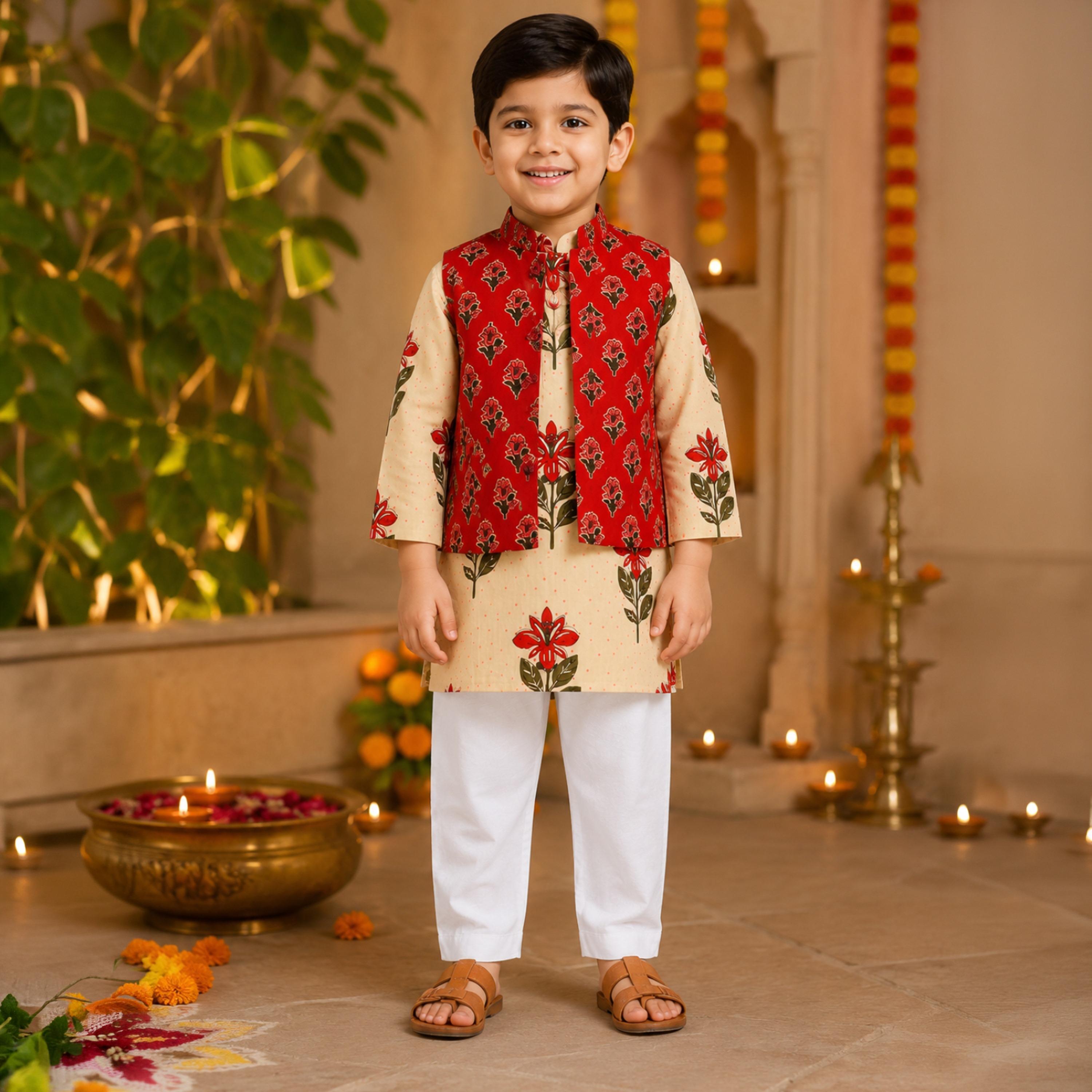 Babyqlo Floral Long Sleeves Ethnic Kurta with Jacket & Pyjama Set-boys-clothing-setsandcoords-image-3