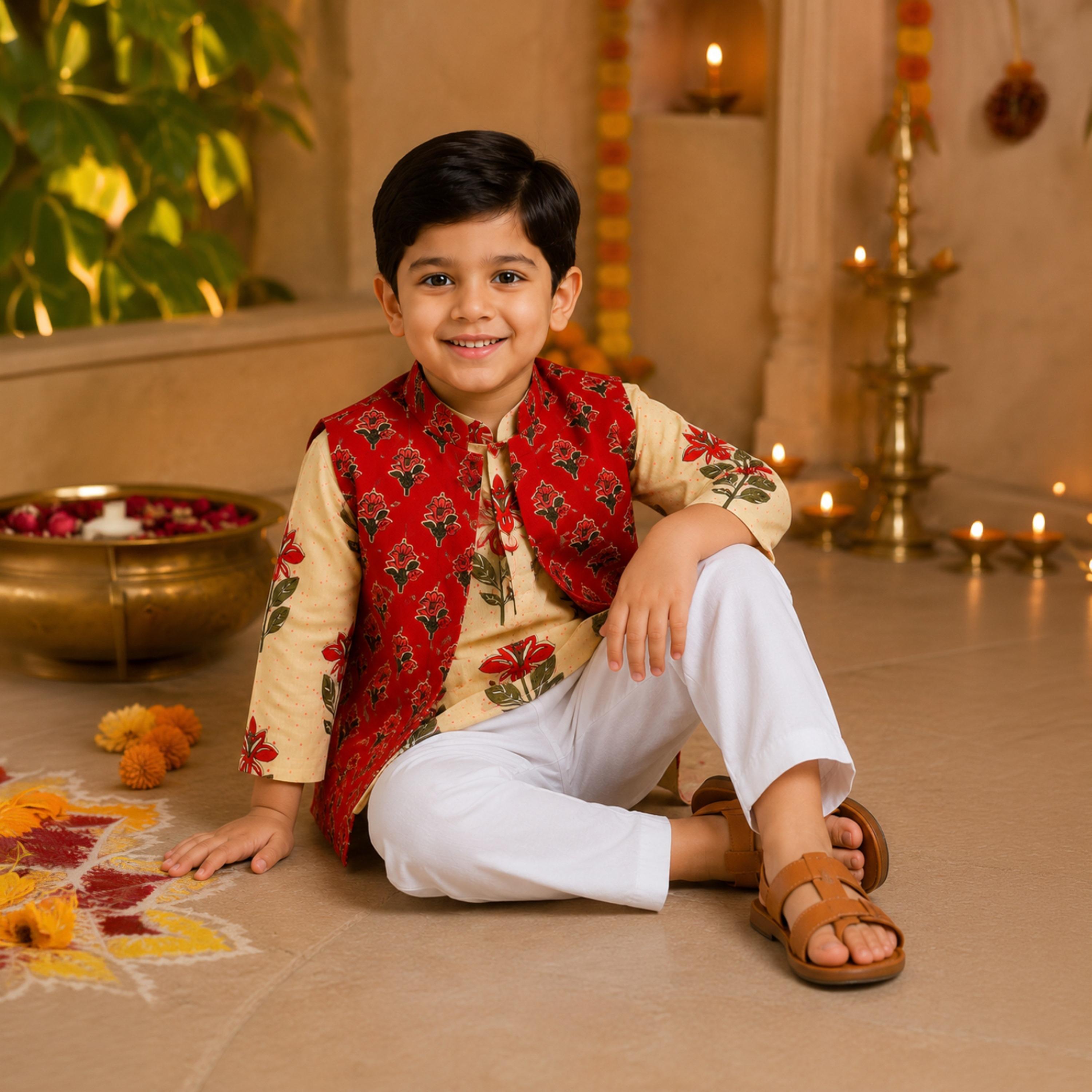 Babyqlo Floral Long Sleeves Ethnic Kurta with Jacket & Pyjama Set-boys-clothing-setsandcoords-image-4