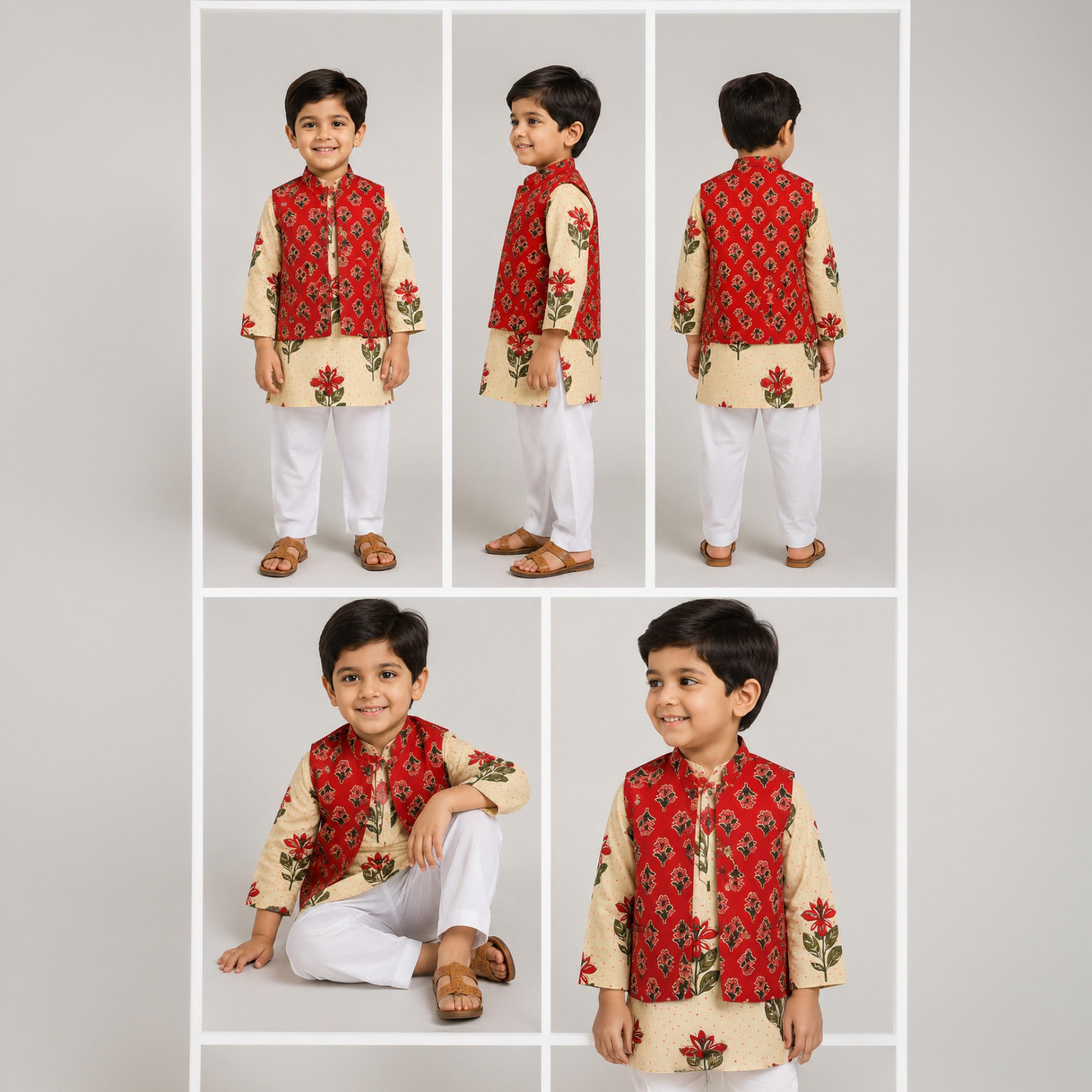 Babyqlo Floral Long Sleeves Ethnic Kurta with Jacket & Pyjama Set-boys-clothing-setsandcoords-image-5