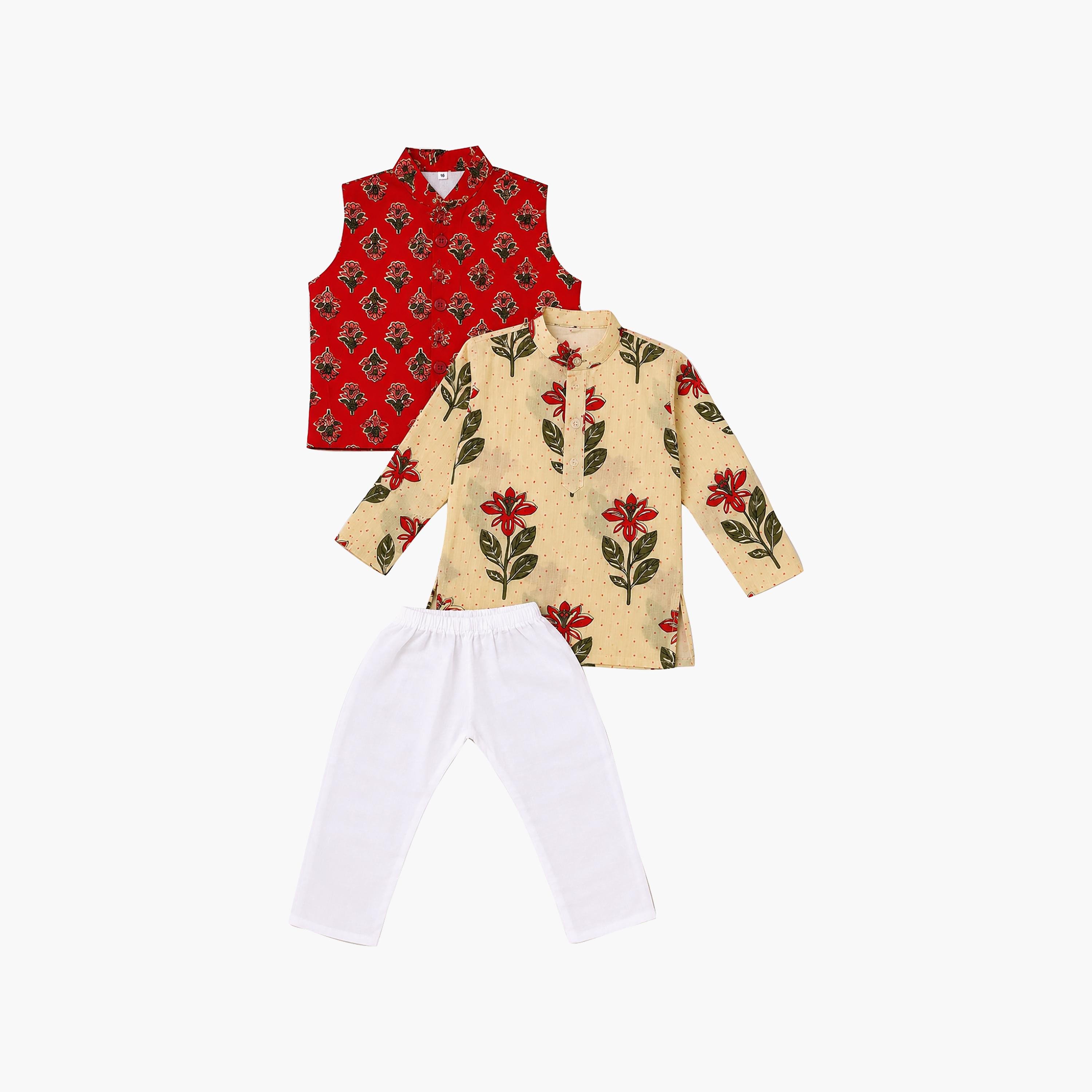 Babyqlo Floral Long Sleeves Ethnic Kurta with Jacket & Pyjama Set-boys-clothing-setsandcoords-image-6