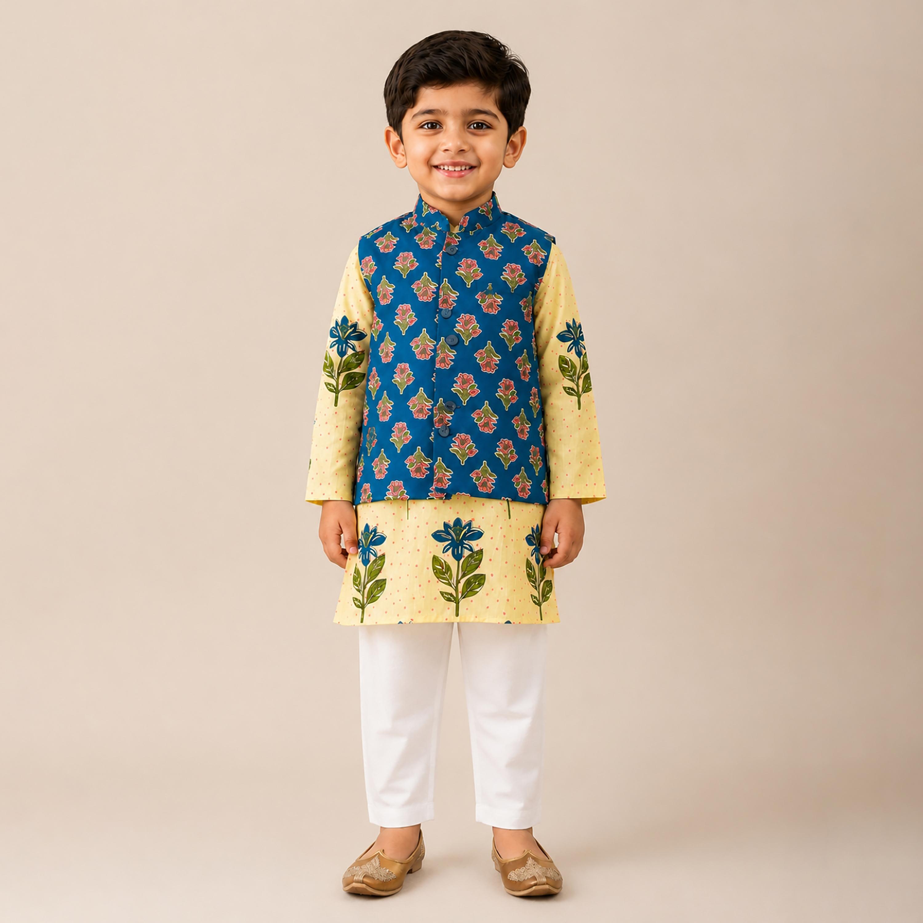Babyqlo Floral Long Sleeves Ethnic Kurta with Jacket & Pyjama Set-boys-clothing-setsandcoords-image-1