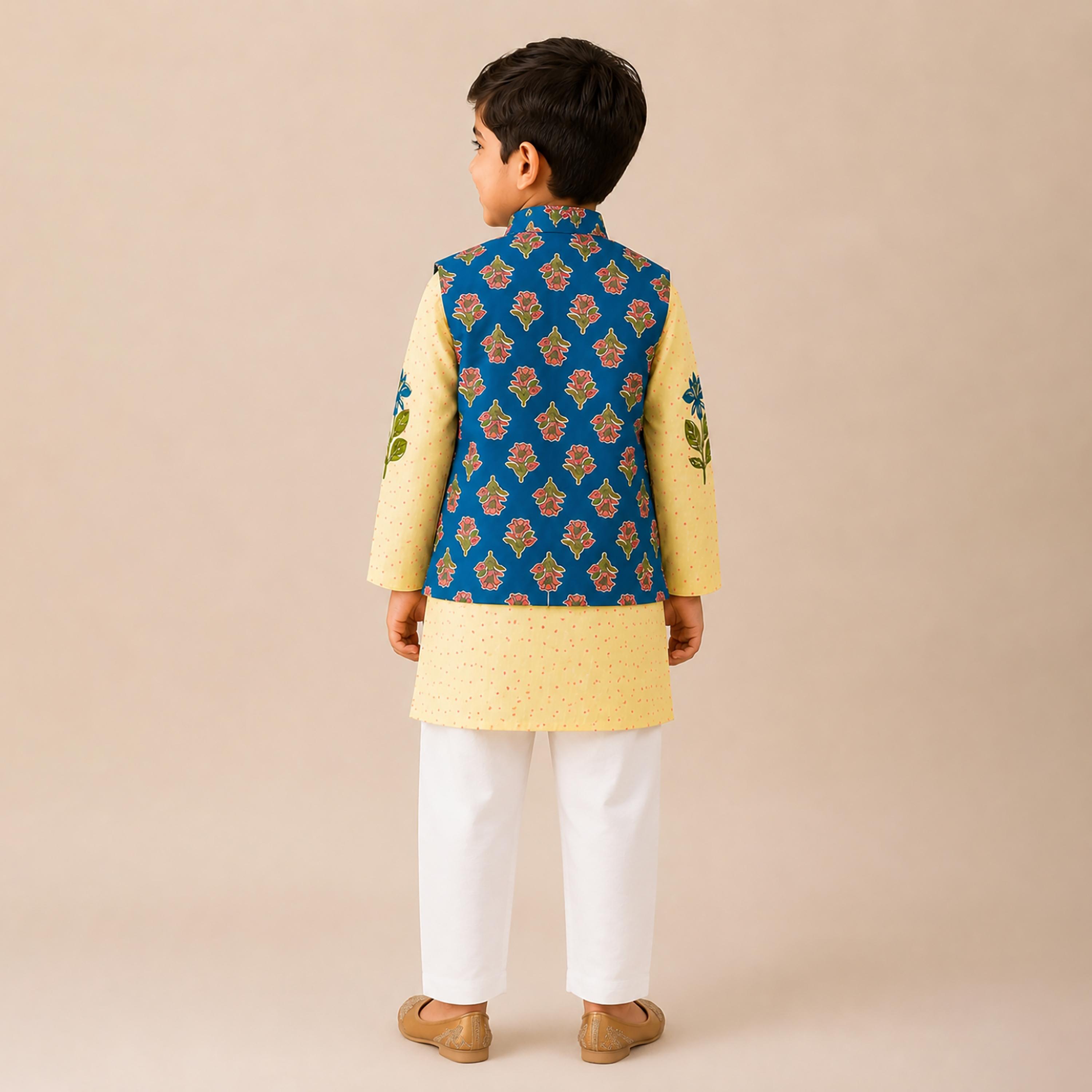 Babyqlo Floral Long Sleeves Ethnic Kurta with Jacket & Pyjama Set-boys-clothing-setsandcoords-image-2