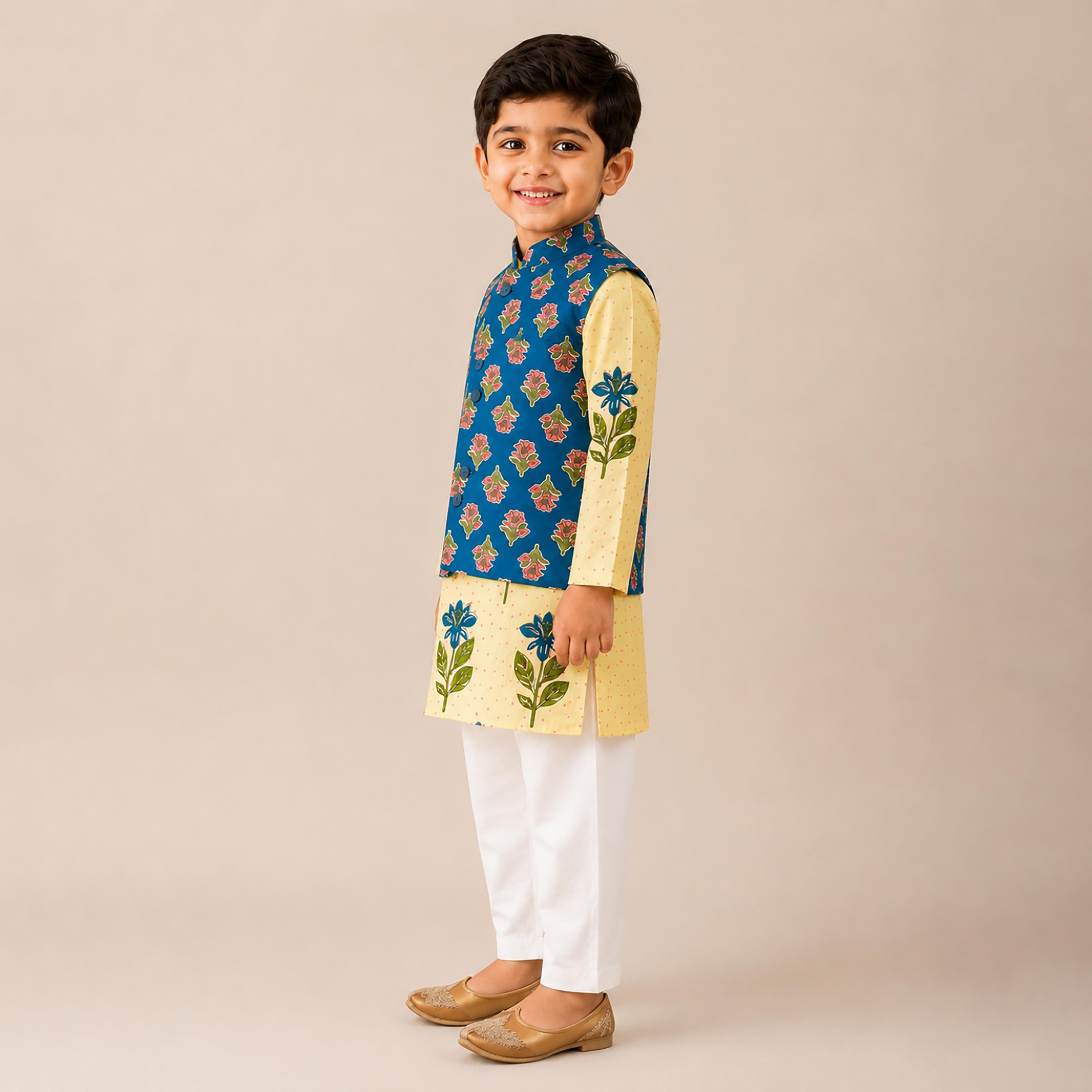 Babyqlo Floral Long Sleeves Ethnic Kurta with Jacket & Pyjama Set-boys-clothing-setsandcoords-image-3