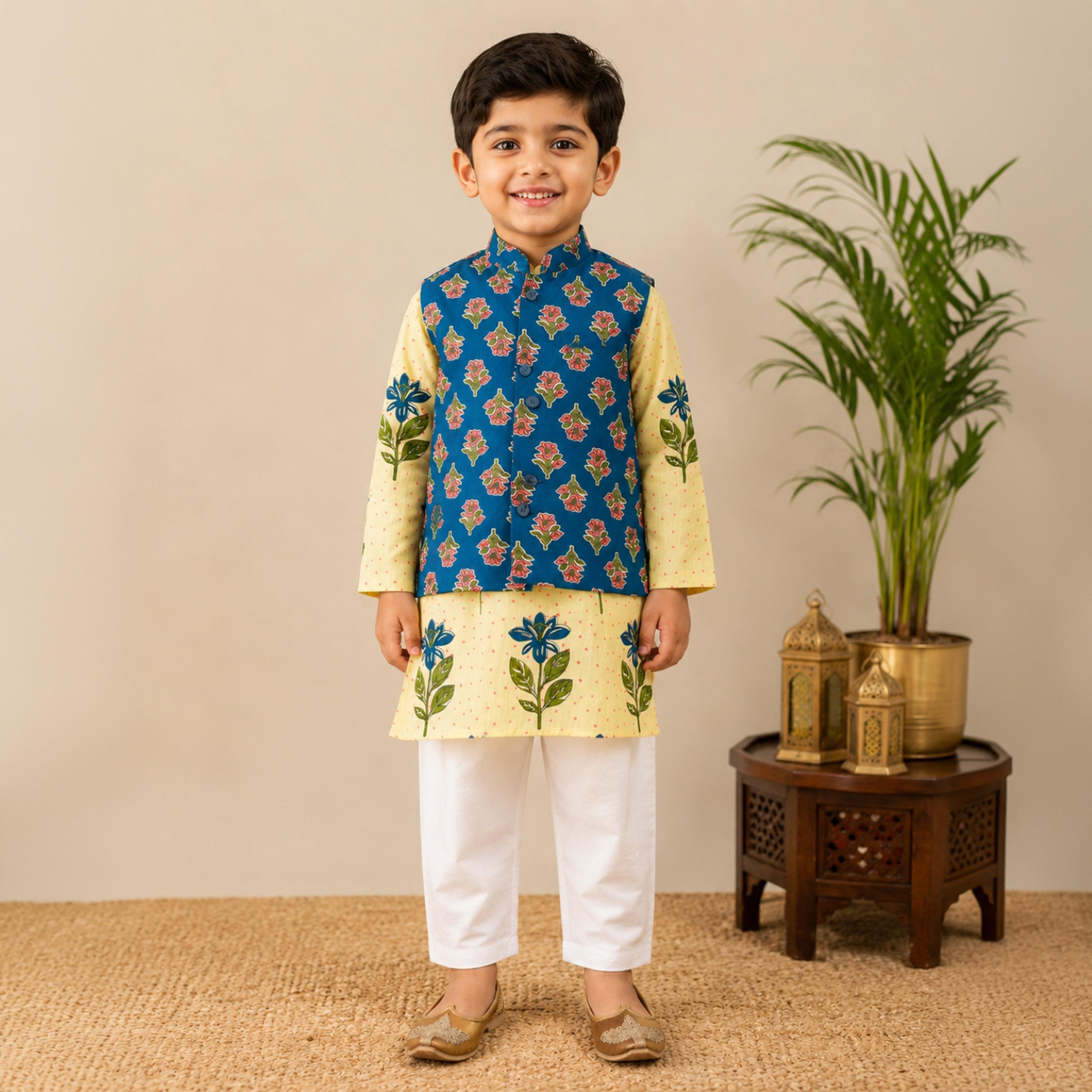 Babyqlo Floral Long Sleeves Ethnic Kurta with Jacket & Pyjama Set-boys-clothing-setsandcoords-image-4