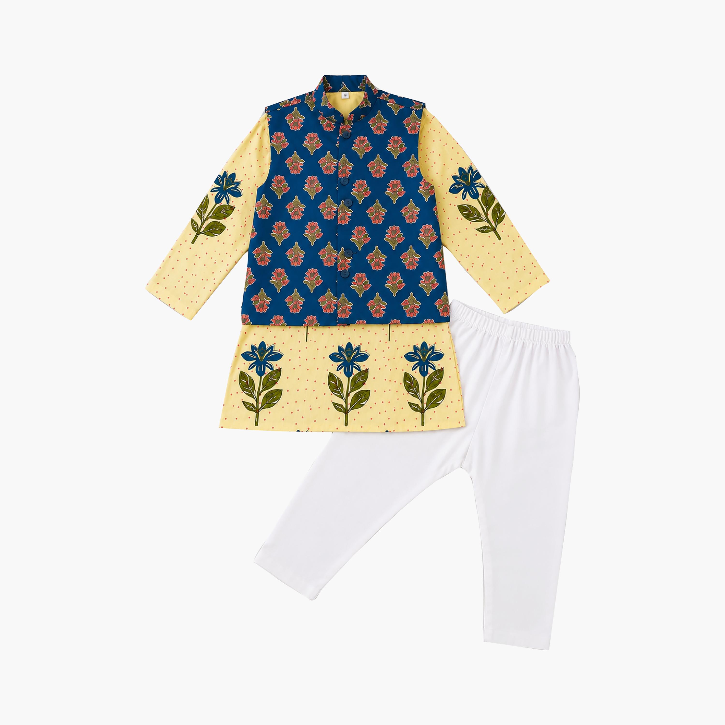 Babyqlo Floral Long Sleeves Ethnic Kurta with Jacket & Pyjama Set-boys-clothing-setsandcoords-image-5