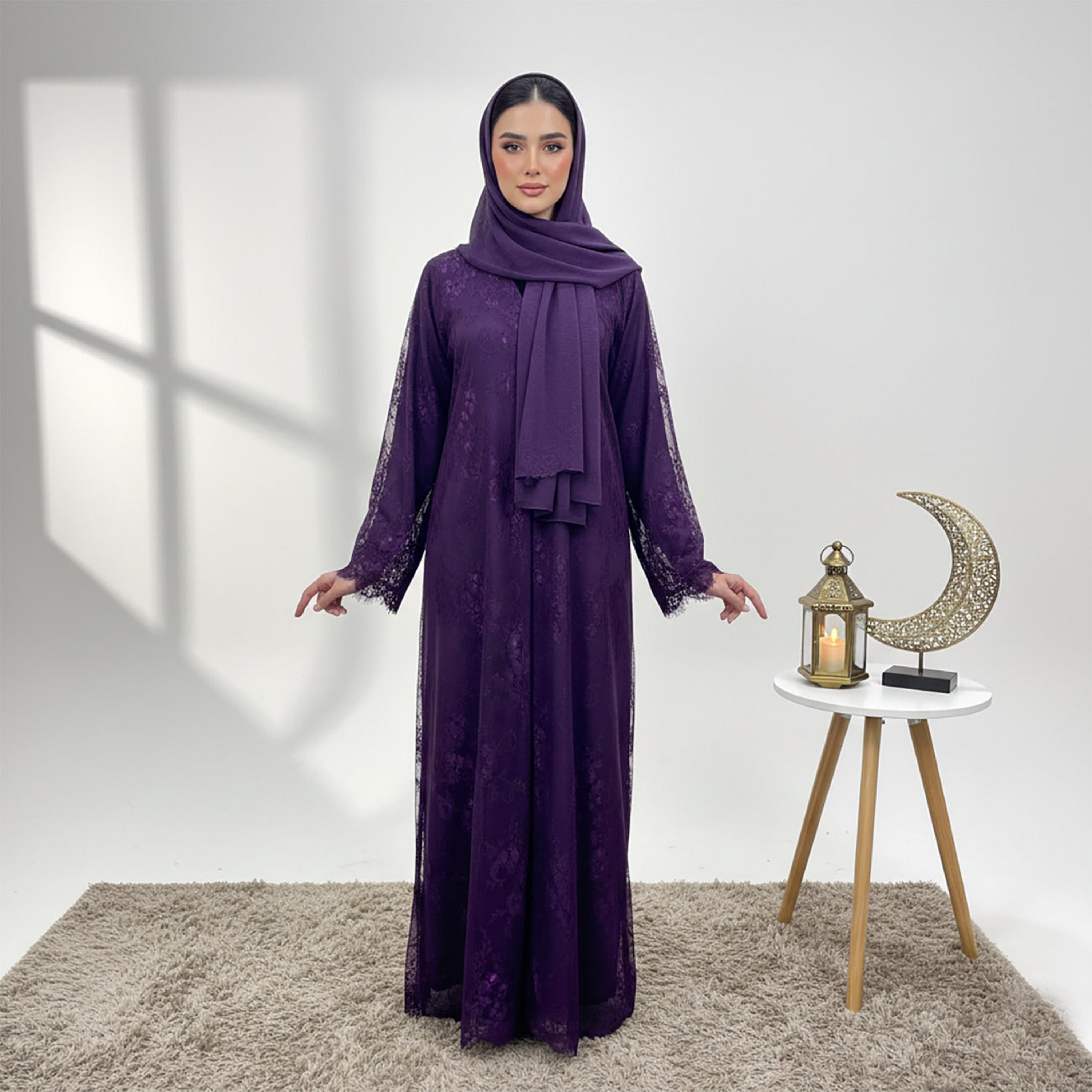 Nukhbaa Purple All-Over Lace Nida Women's Evening Abaya with Hijab-women-arabicclothing-abayas-image-1