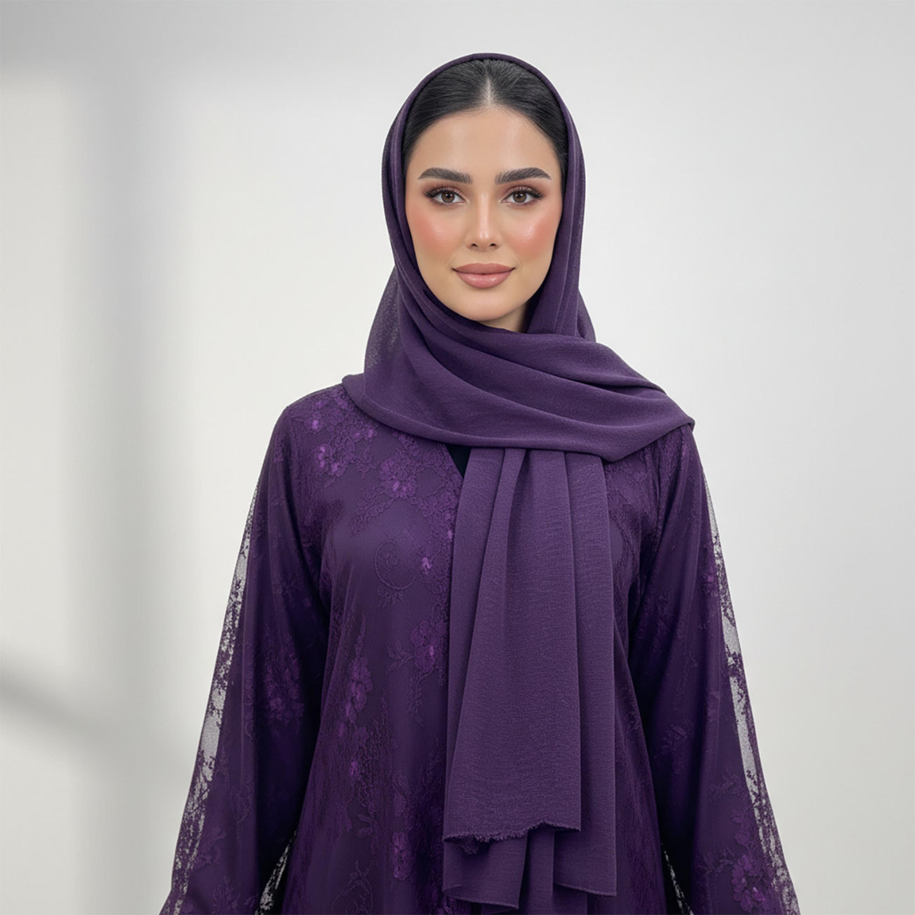 Nukhbaa Purple All-Over Lace Nida Women's Evening Abaya with Hijab-women-arabicclothing-abayas-image-2