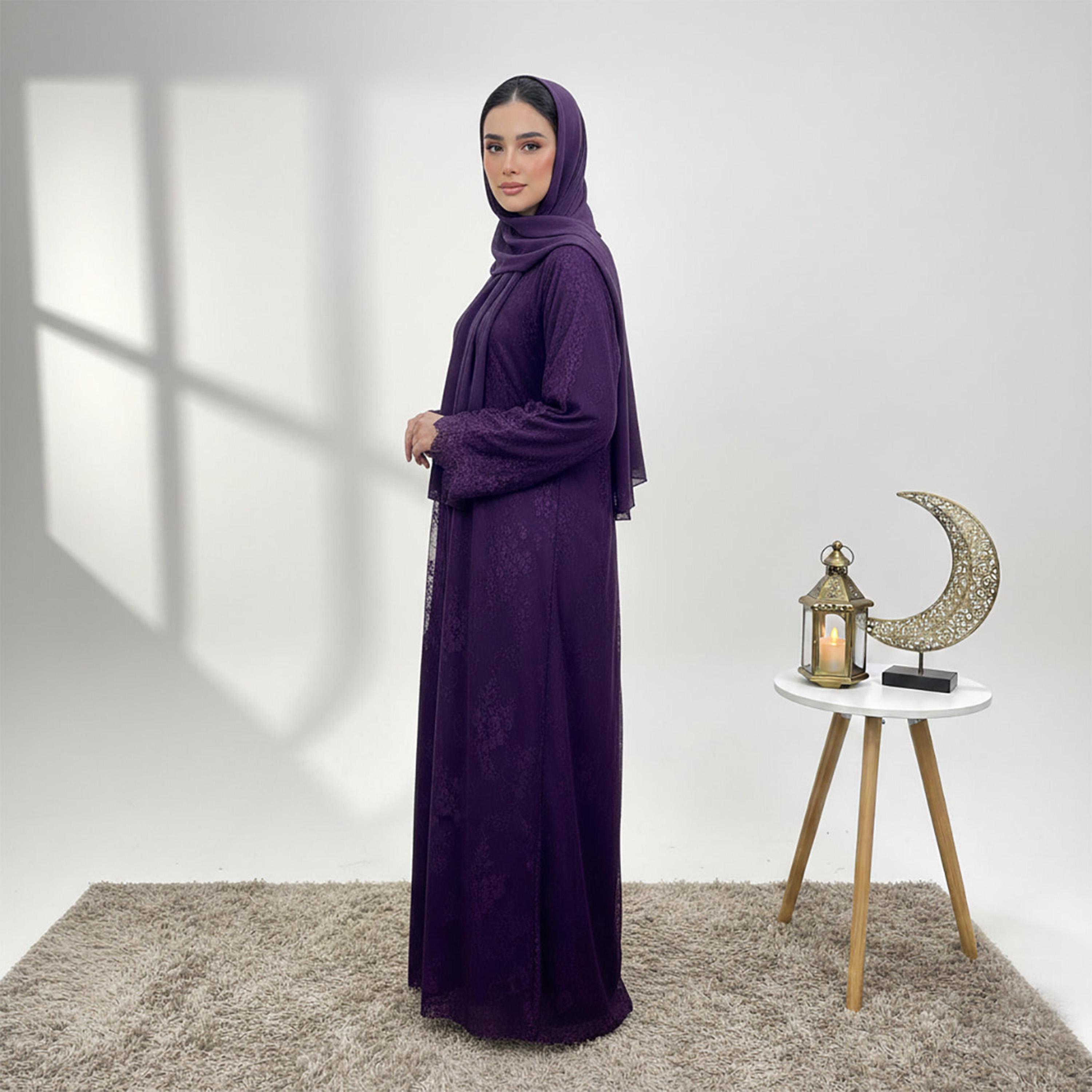 Nukhbaa Purple All-Over Lace Nida Women's Evening Abaya with Hijab-women-arabicclothing-abayas-image-3