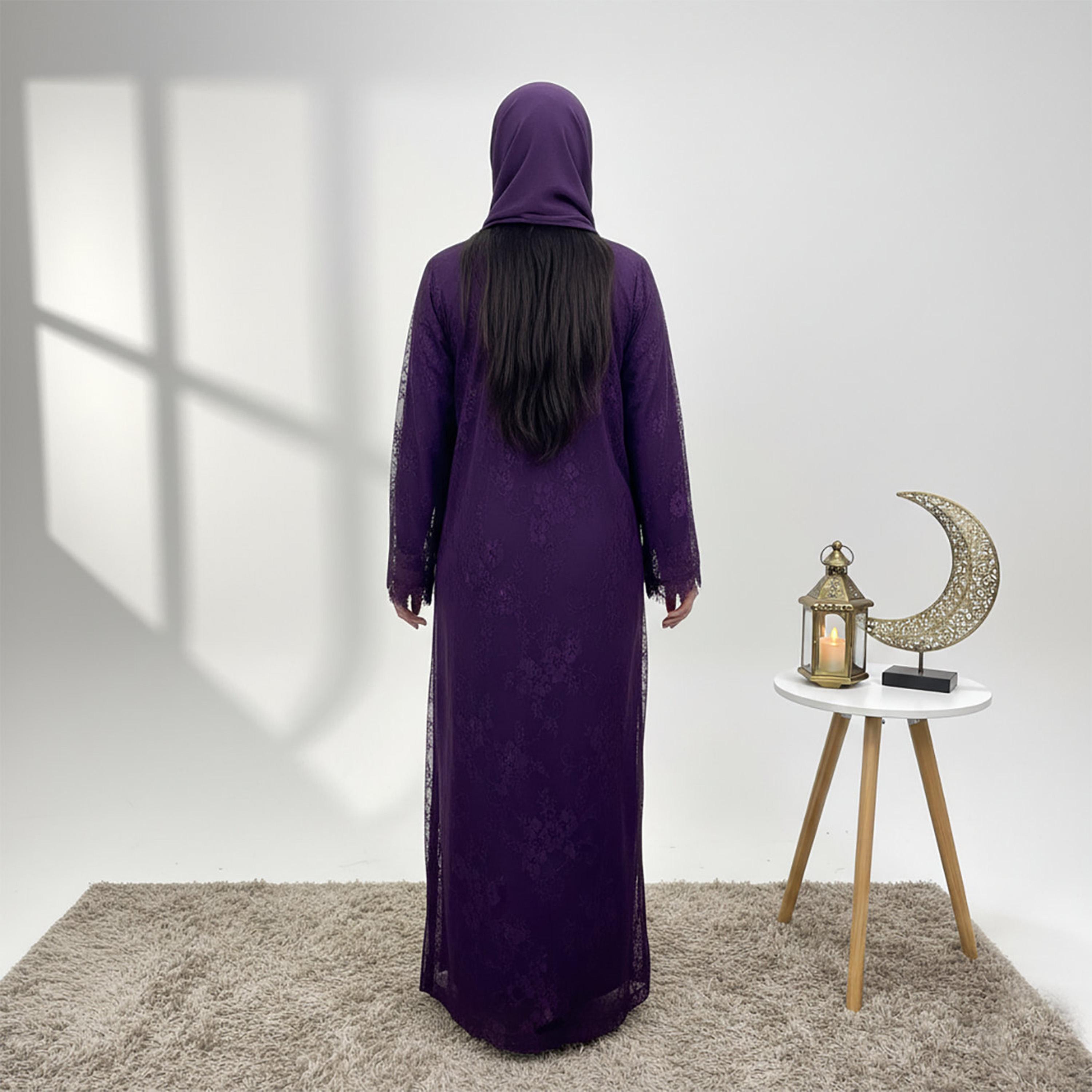 Nukhbaa Purple All-Over Lace Nida Women's Evening Abaya with Hijab-women-arabicclothing-abayas-image-4