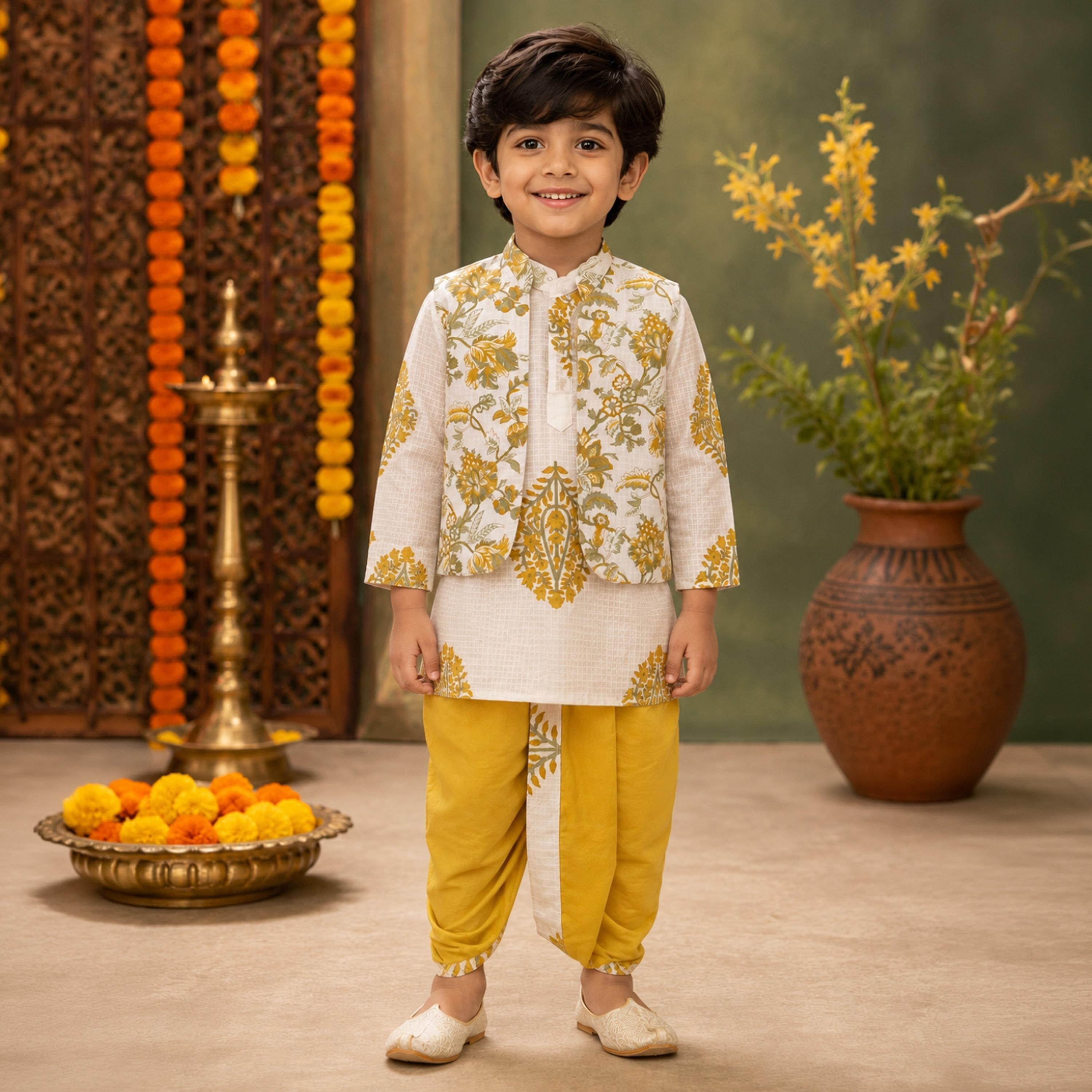 Babyqlo Floral Long Sleeve Ethnic Kurta with Jacket & Dhoti Set-boys-clothing-setsandcoords-image-4