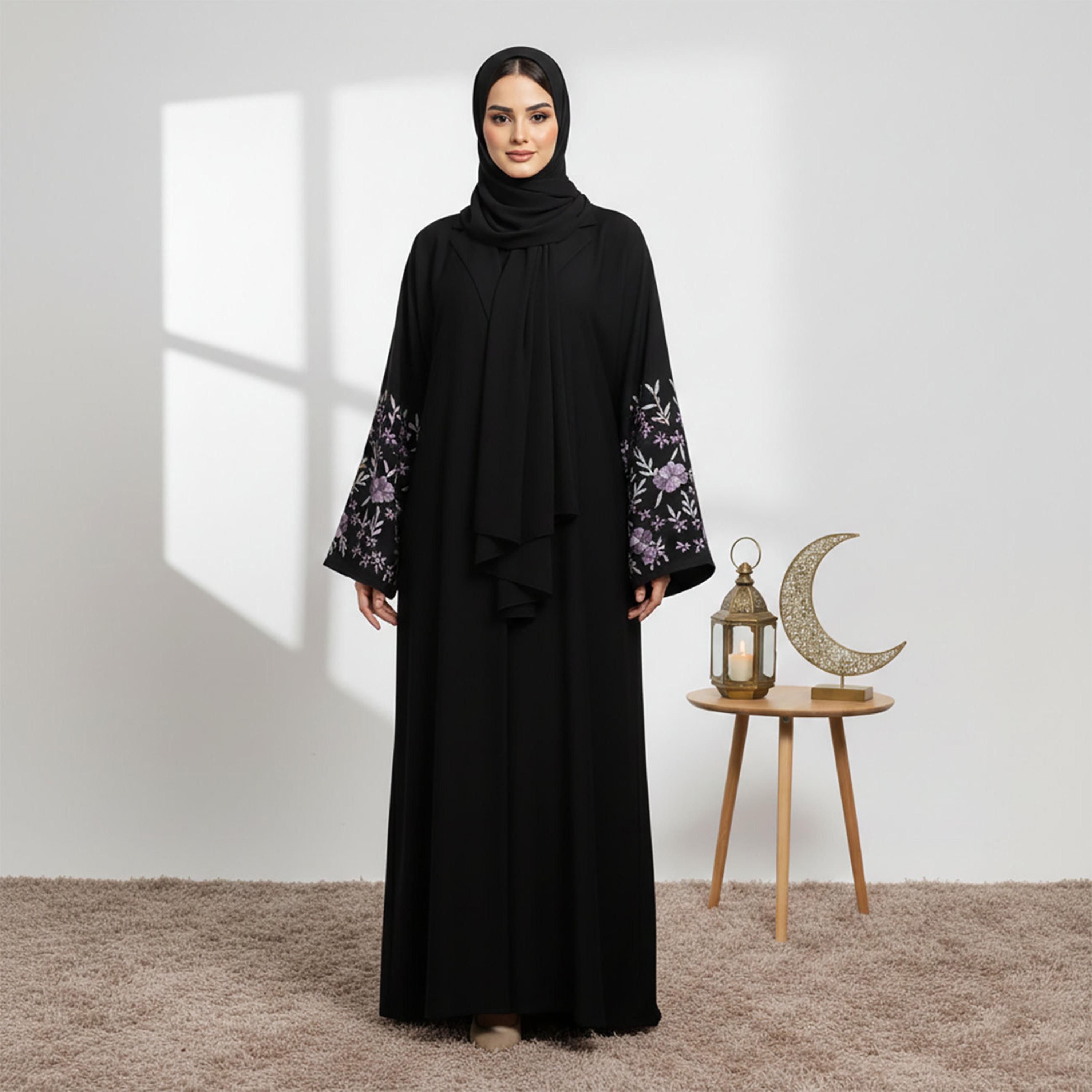 Nukhbaa Black Lapel Collar Flared Sleeves Nida Women's Abaya with Hijab-women-arabicclothing-abayas-image-1