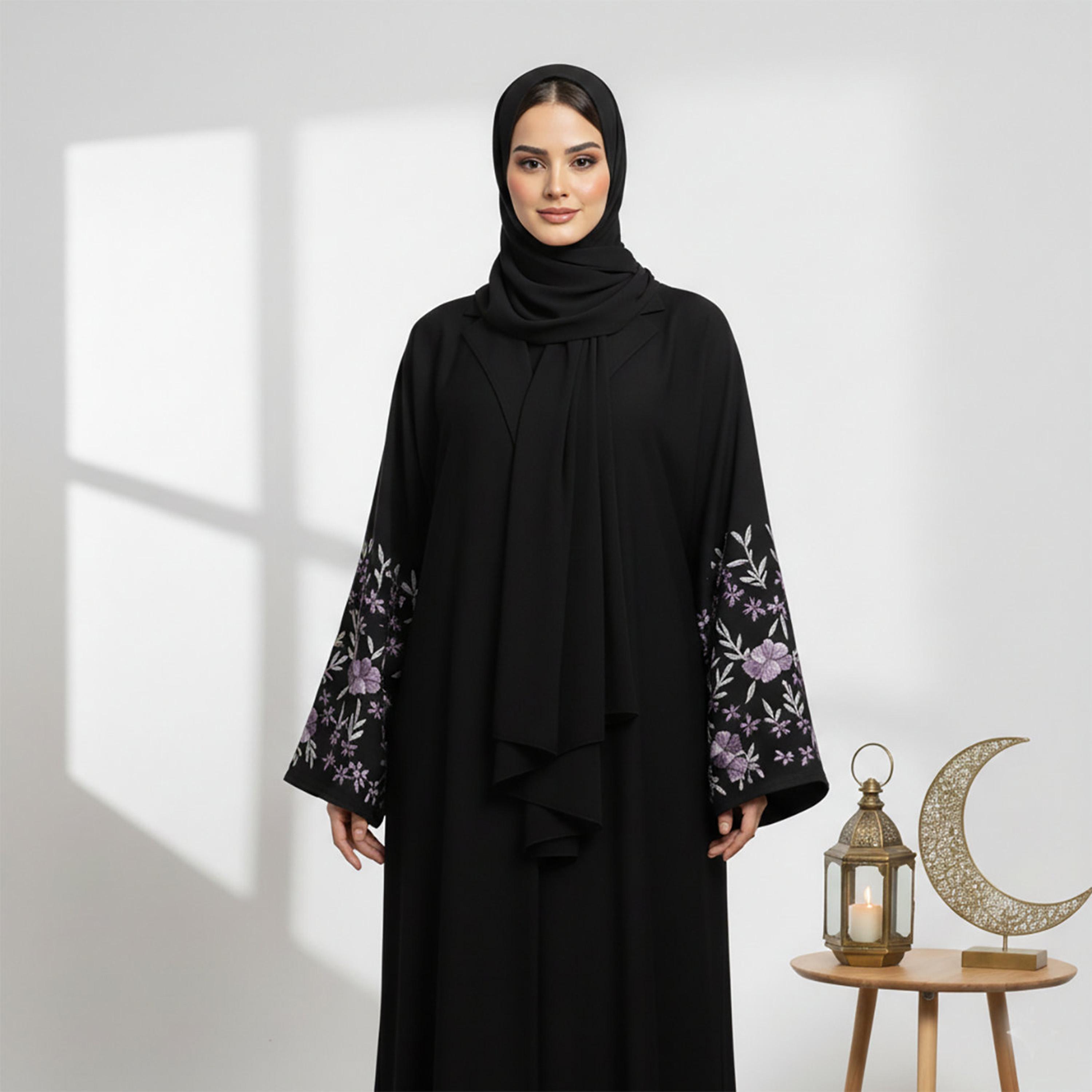 Nukhbaa Black Lapel Collar Flared Sleeves Nida Women's Abaya with Hijab-women-arabicclothing-abayas-image-2